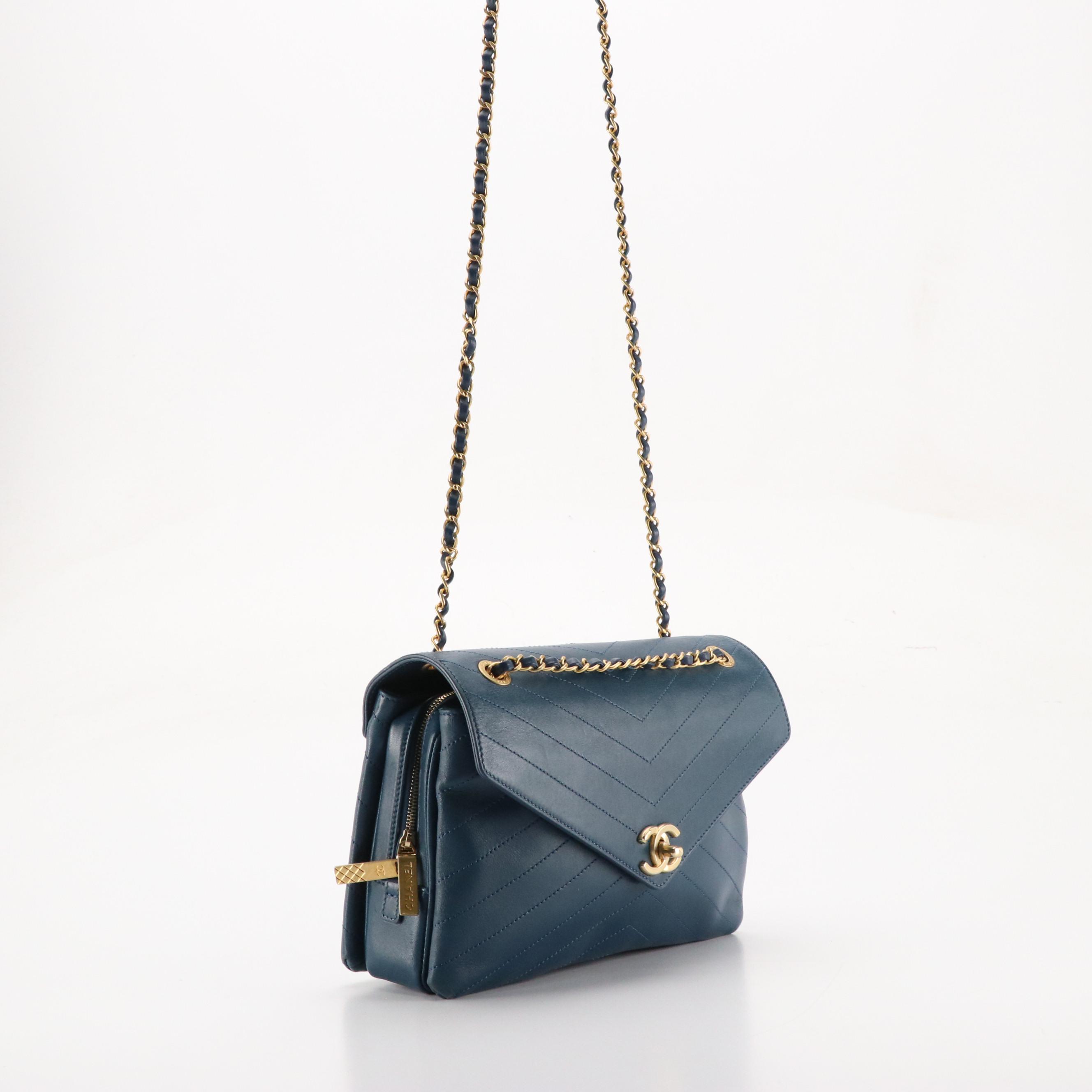 Chanel Coco Flap Chain Strap Bag in Marine Blue Chevron Quilted Leather