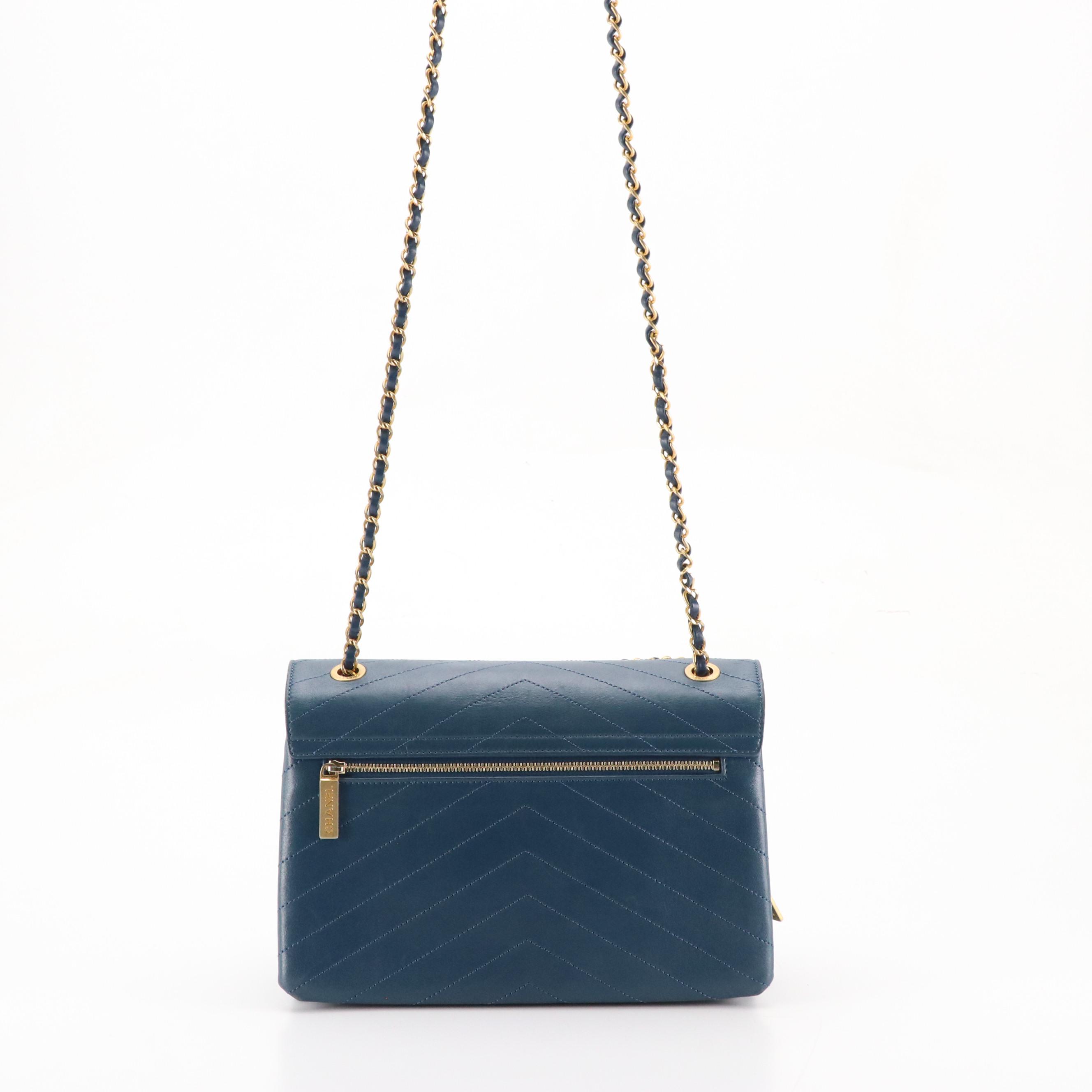 Chanel Coco Flap Chain Strap Bag in Marine Blue Chevron Quilted Leather