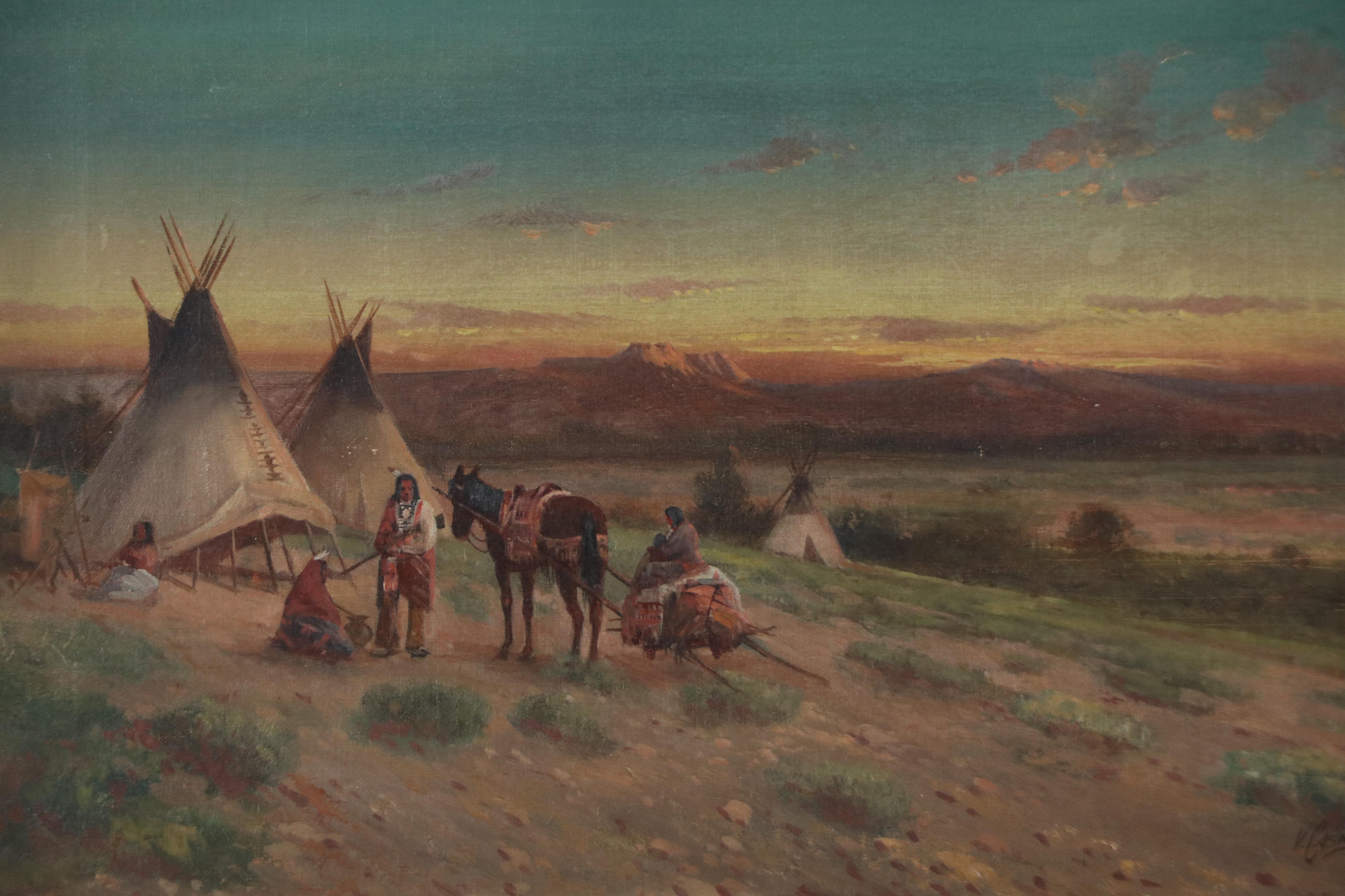 Victor Casenelli Oil Painting of Indigenous Encampment, 19th or 20th Century