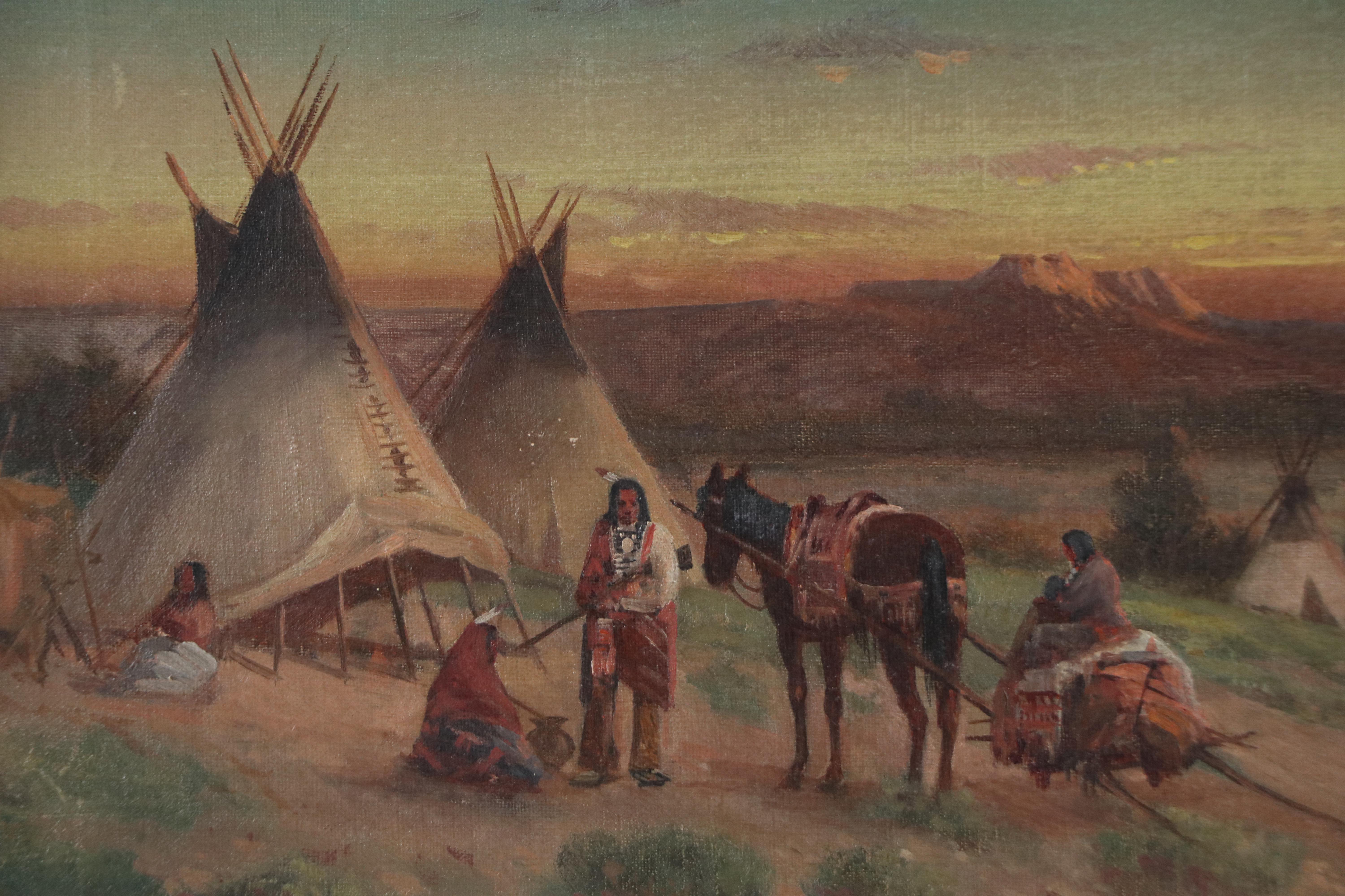 Victor Casenelli Oil Painting of Indigenous Encampment, 19th or 20th Century