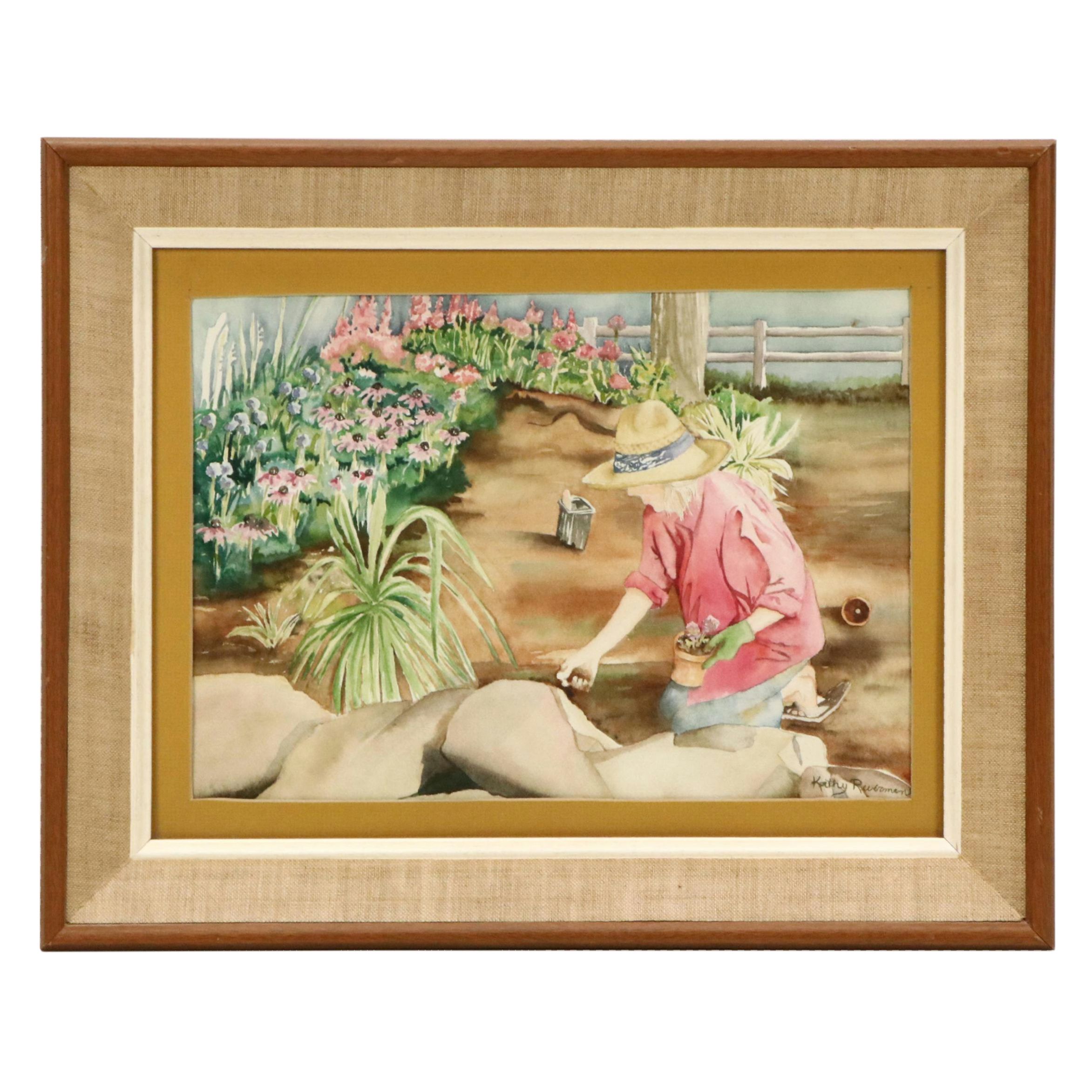 Kathy Reverman Watercolor Painting of Gardener Planting Flowers