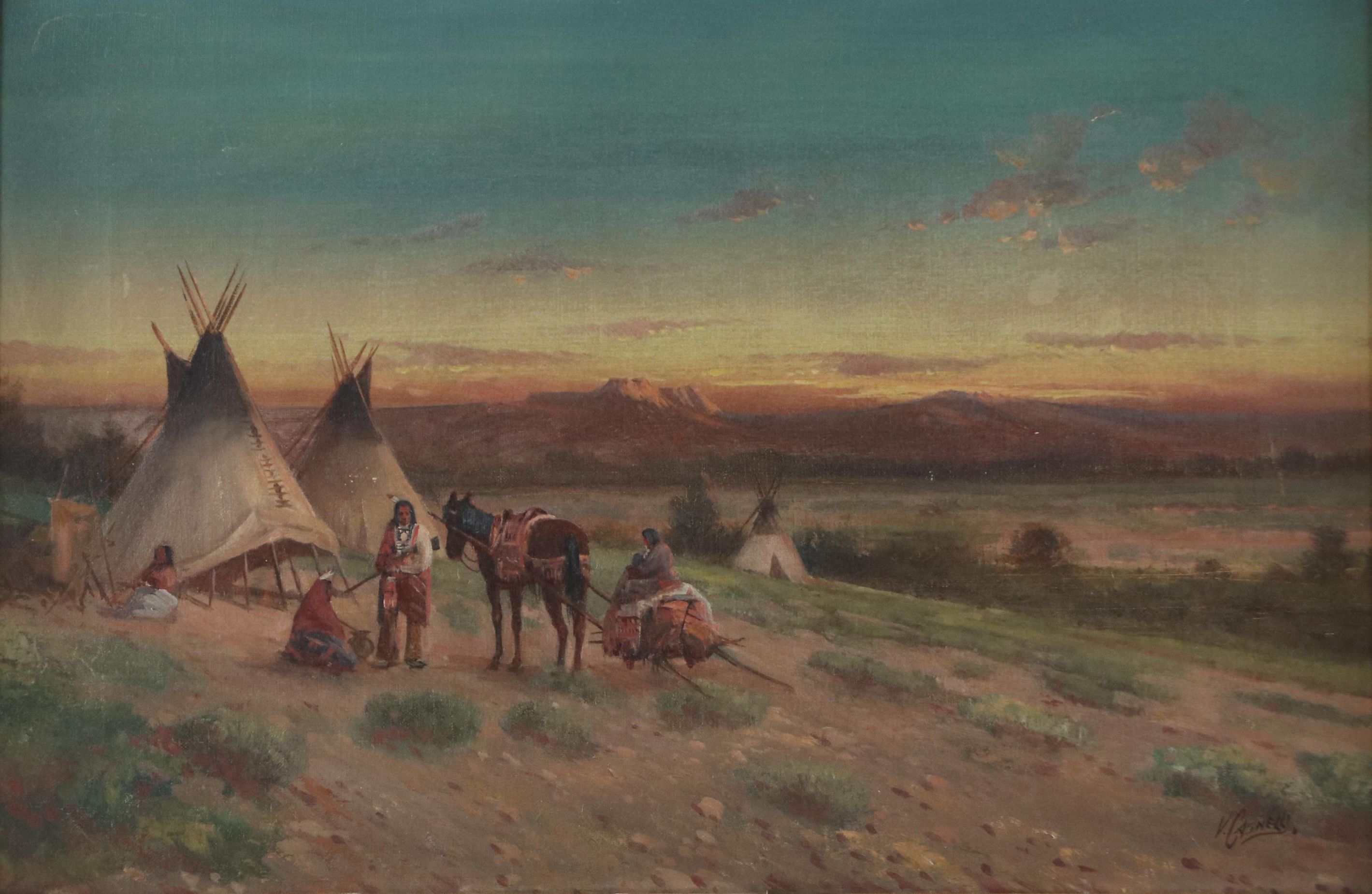 Victor Casenelli Oil Painting of Indigenous Encampment, 19th or 20th Century