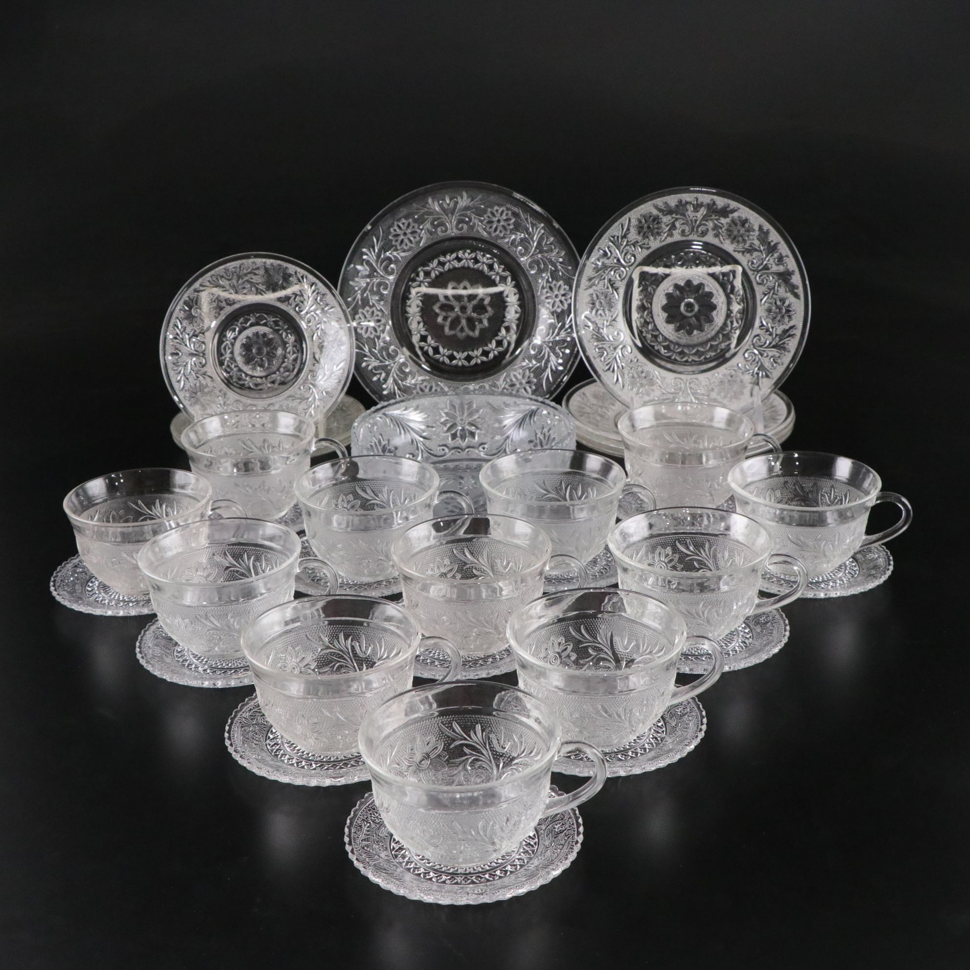 Pressed Glass "Sandwich" Pattern Cups, Saucers, and Assorted Plates