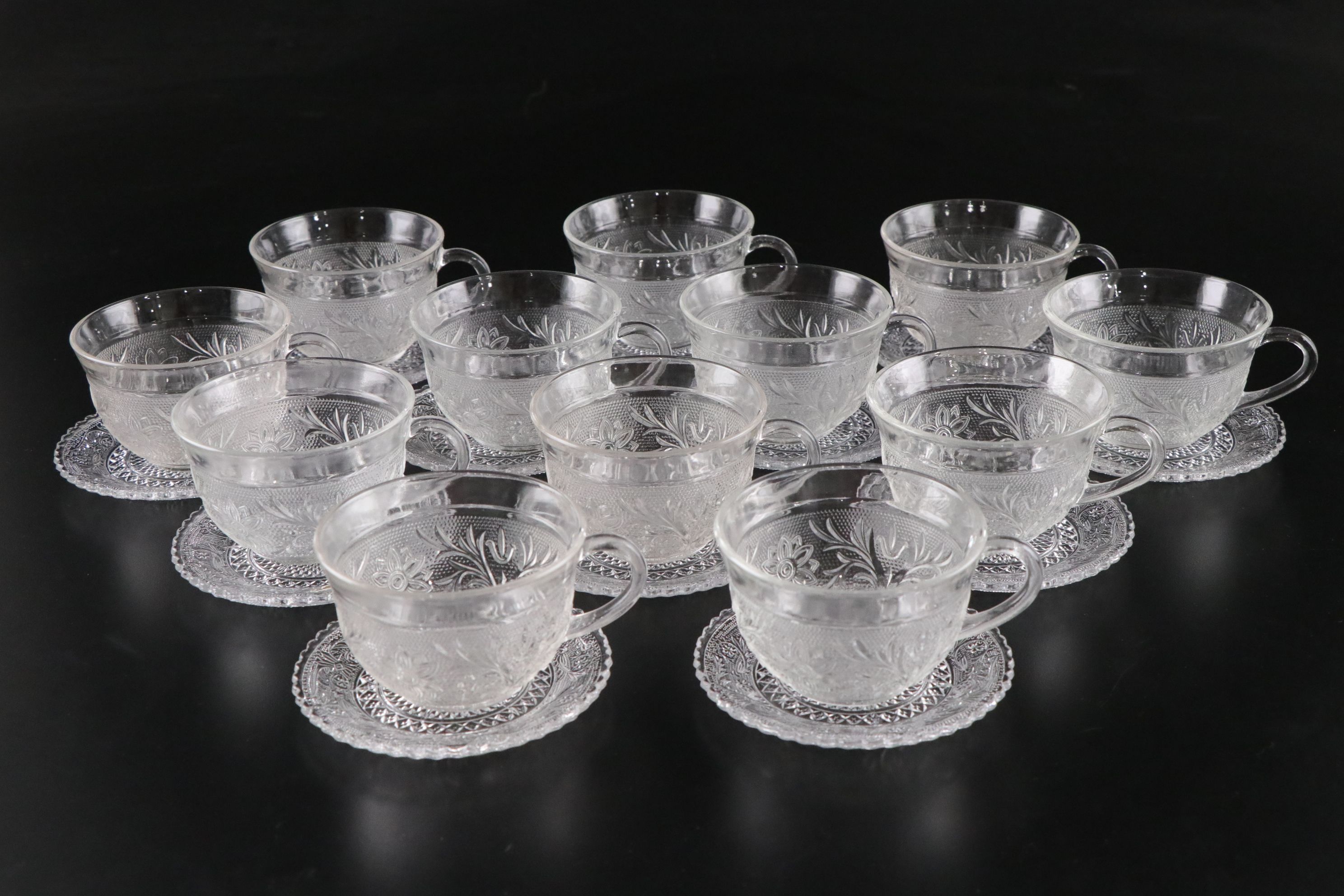 Pressed Glass "Sandwich" Pattern Cups, Saucers, and Assorted Plates