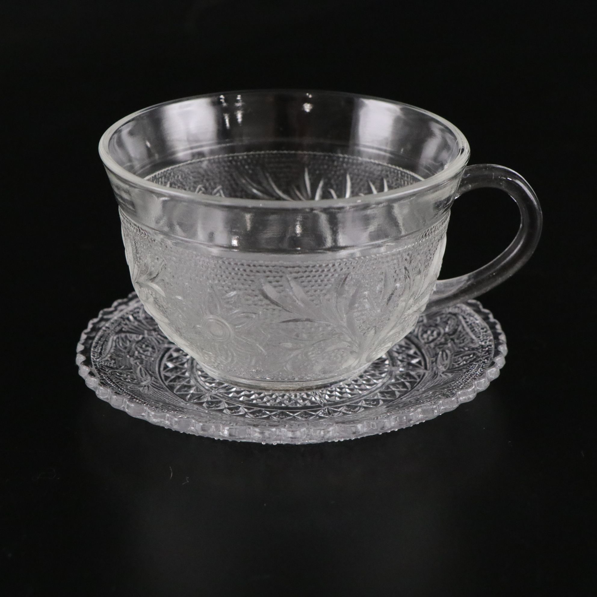 Pressed Glass "Sandwich" Pattern Cups, Saucers, and Assorted Plates