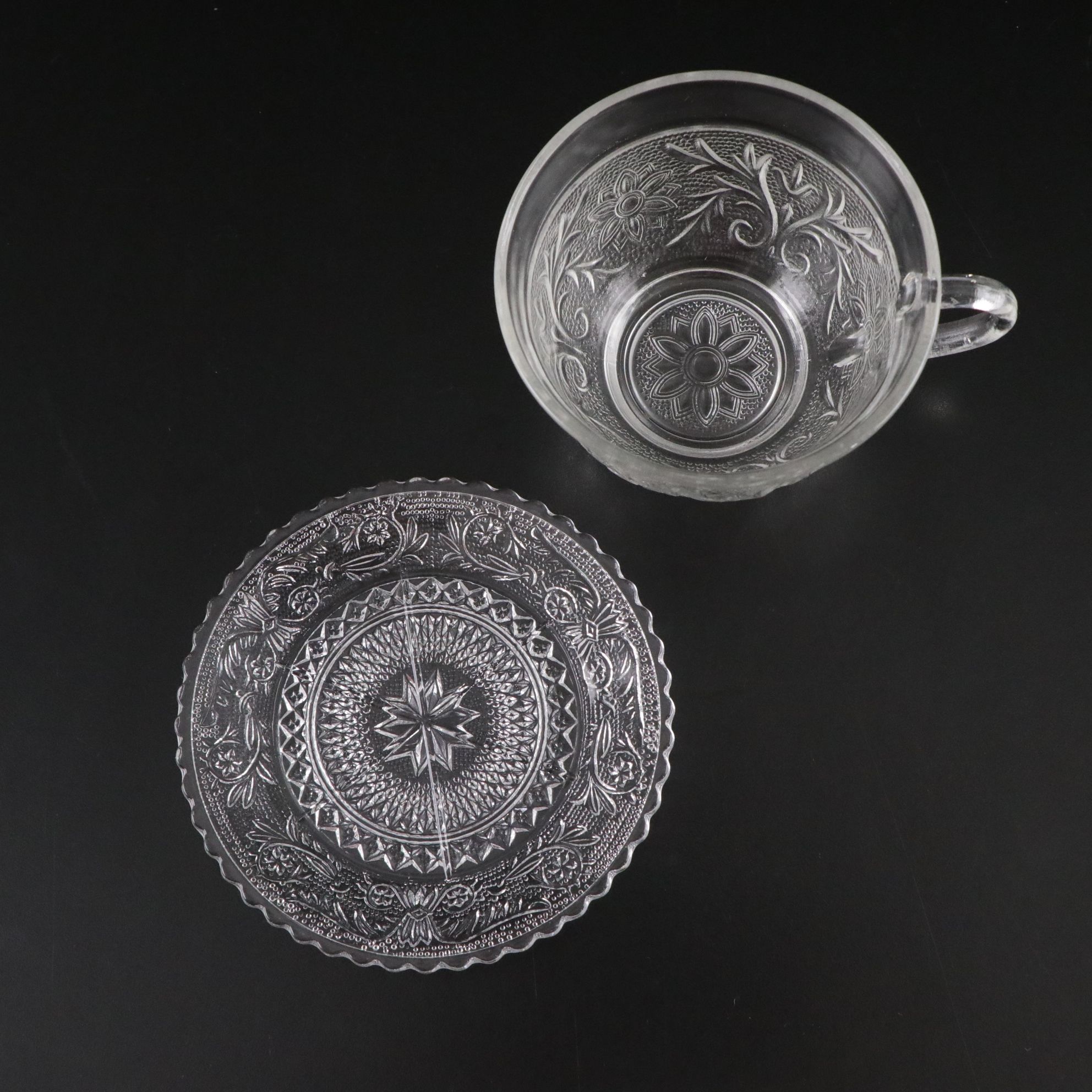 Pressed Glass "Sandwich" Pattern Cups, Saucers, and Assorted Plates