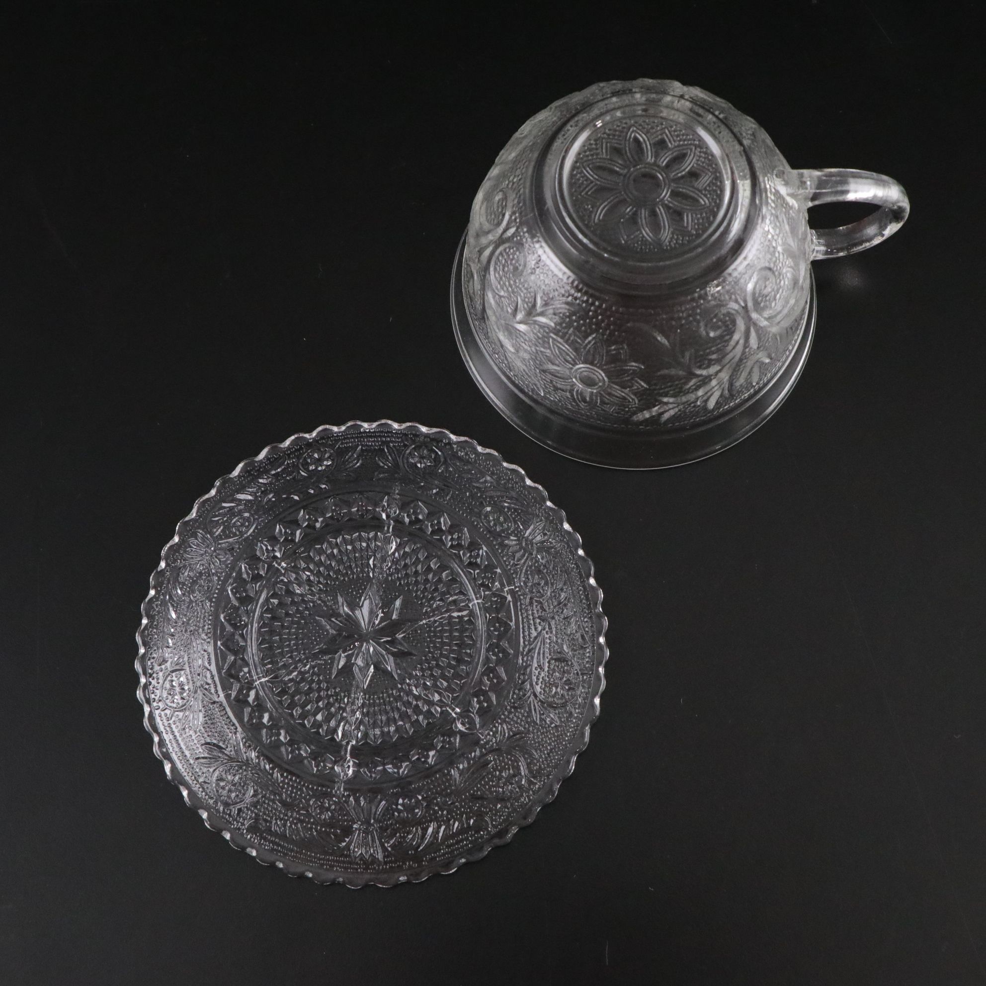 Pressed Glass "Sandwich" Pattern Cups, Saucers, and Assorted Plates