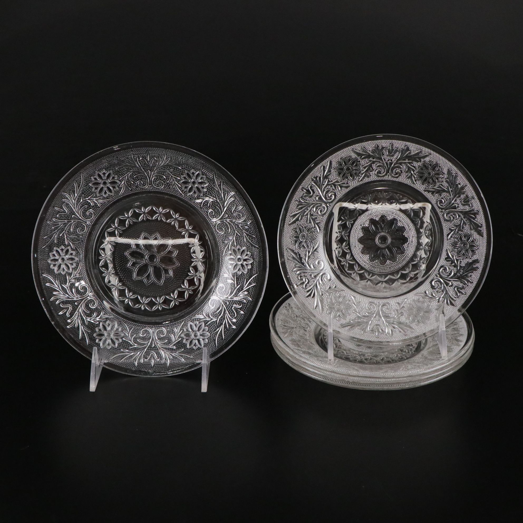 Pressed Glass "Sandwich" Pattern Cups, Saucers, and Assorted Plates