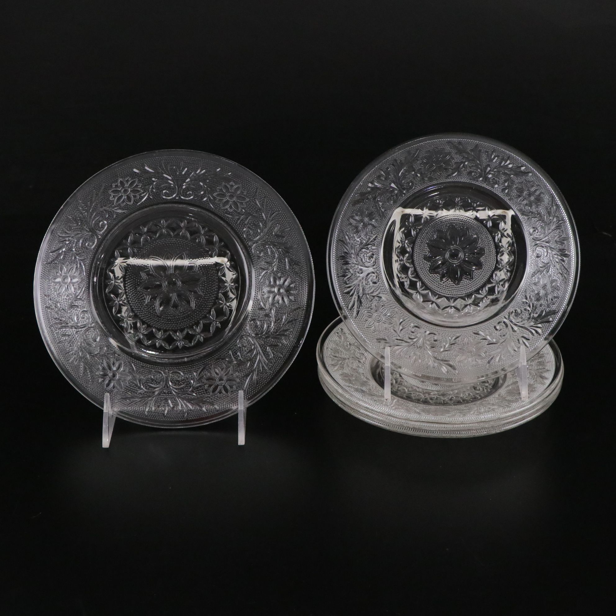 Pressed Glass "Sandwich" Pattern Cups, Saucers, and Assorted Plates