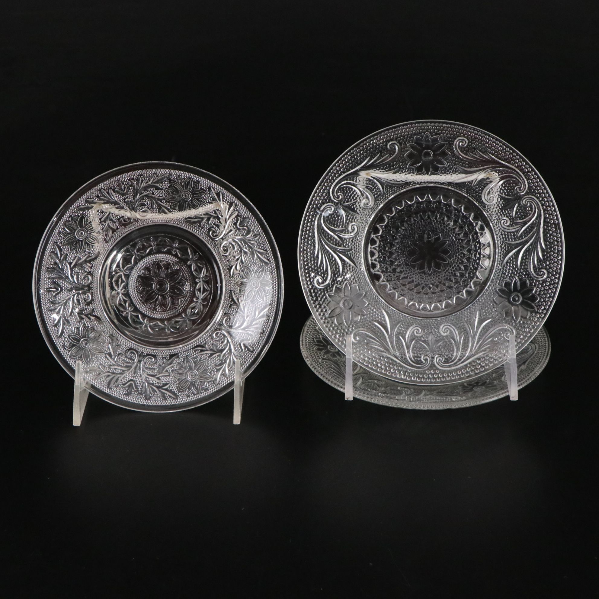 Pressed Glass "Sandwich" Pattern Cups, Saucers, and Assorted Plates