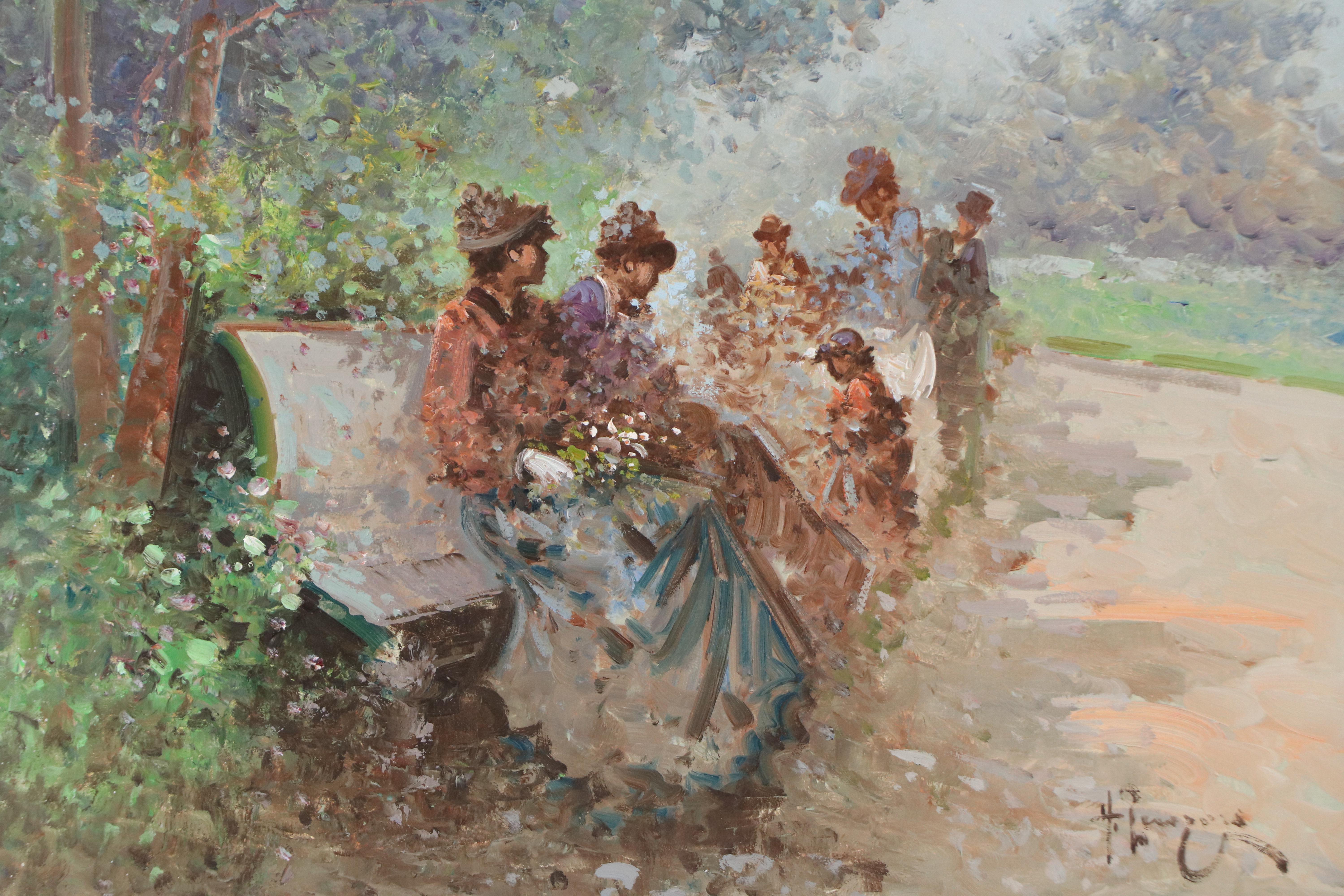 Impressionist-Inspired Oil Painting of Park Scene With Figures, Mid-20th Century