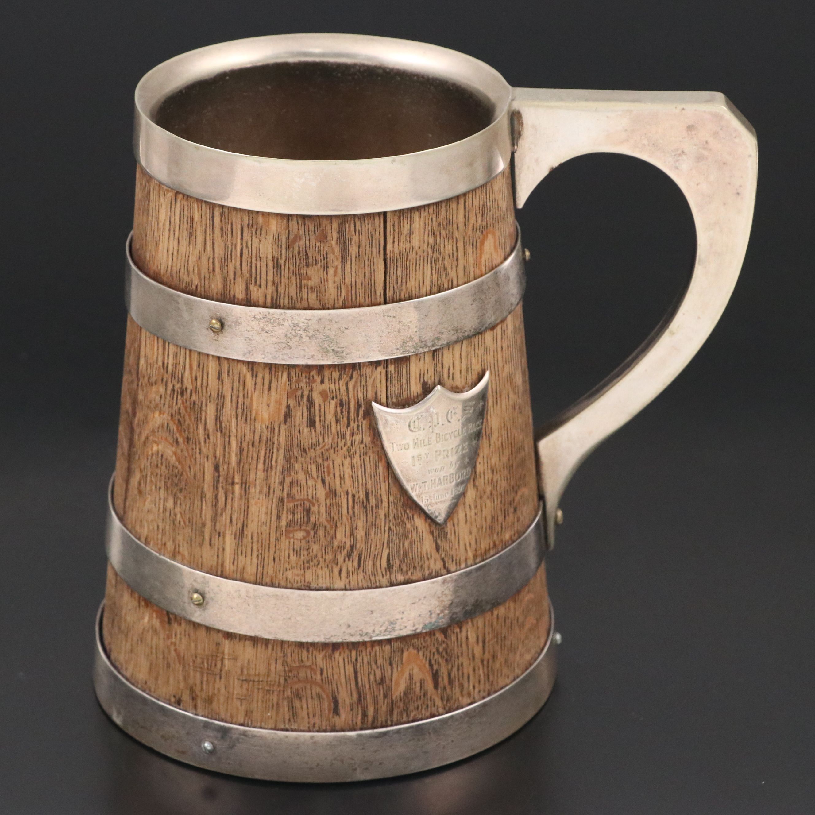 Oak and Silver Plate Mug Two Mile Bicycle Race Trophy with Engraved Plaque, 1897