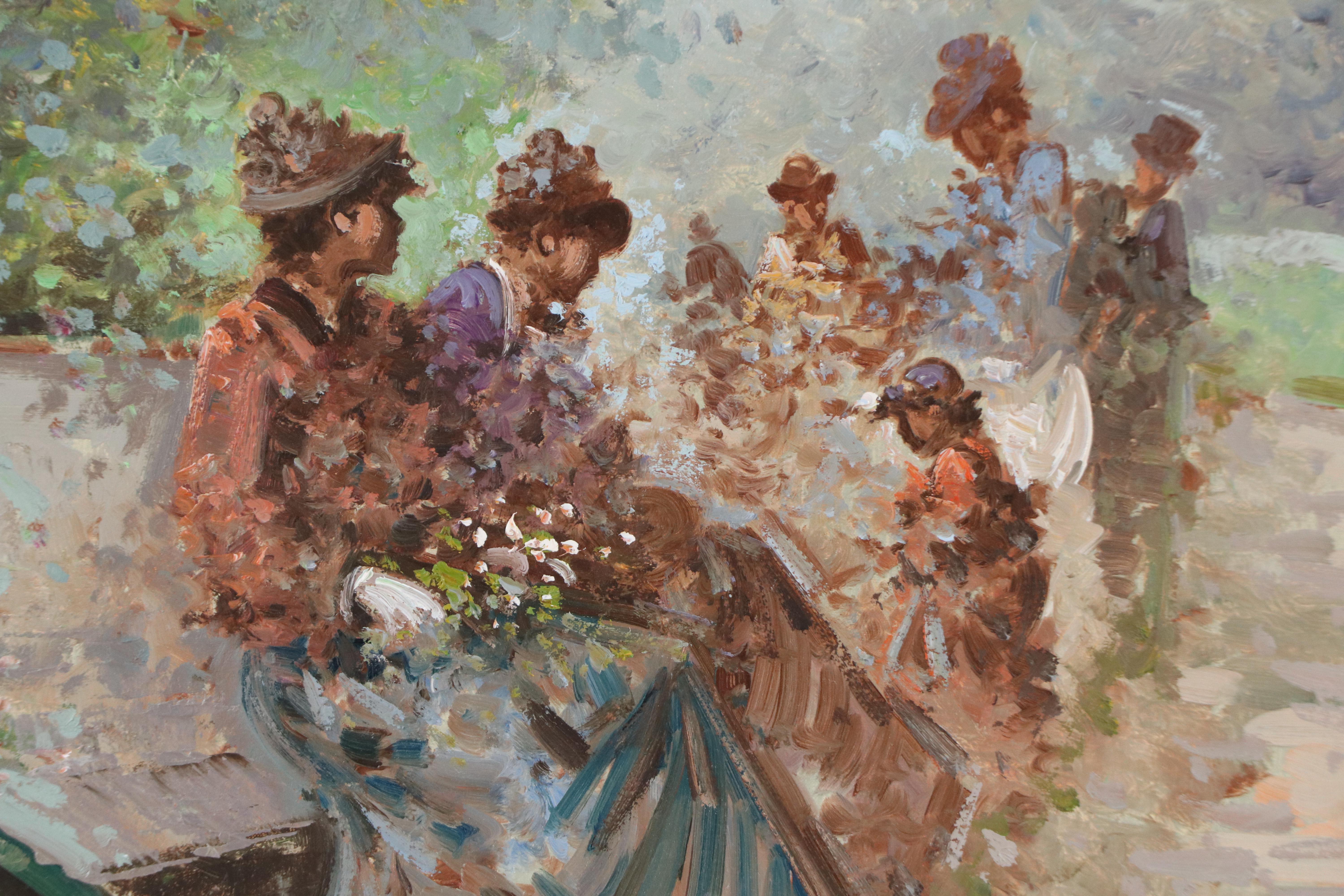 Impressionist-Inspired Oil Painting of Park Scene With Figures, Mid-20th Century