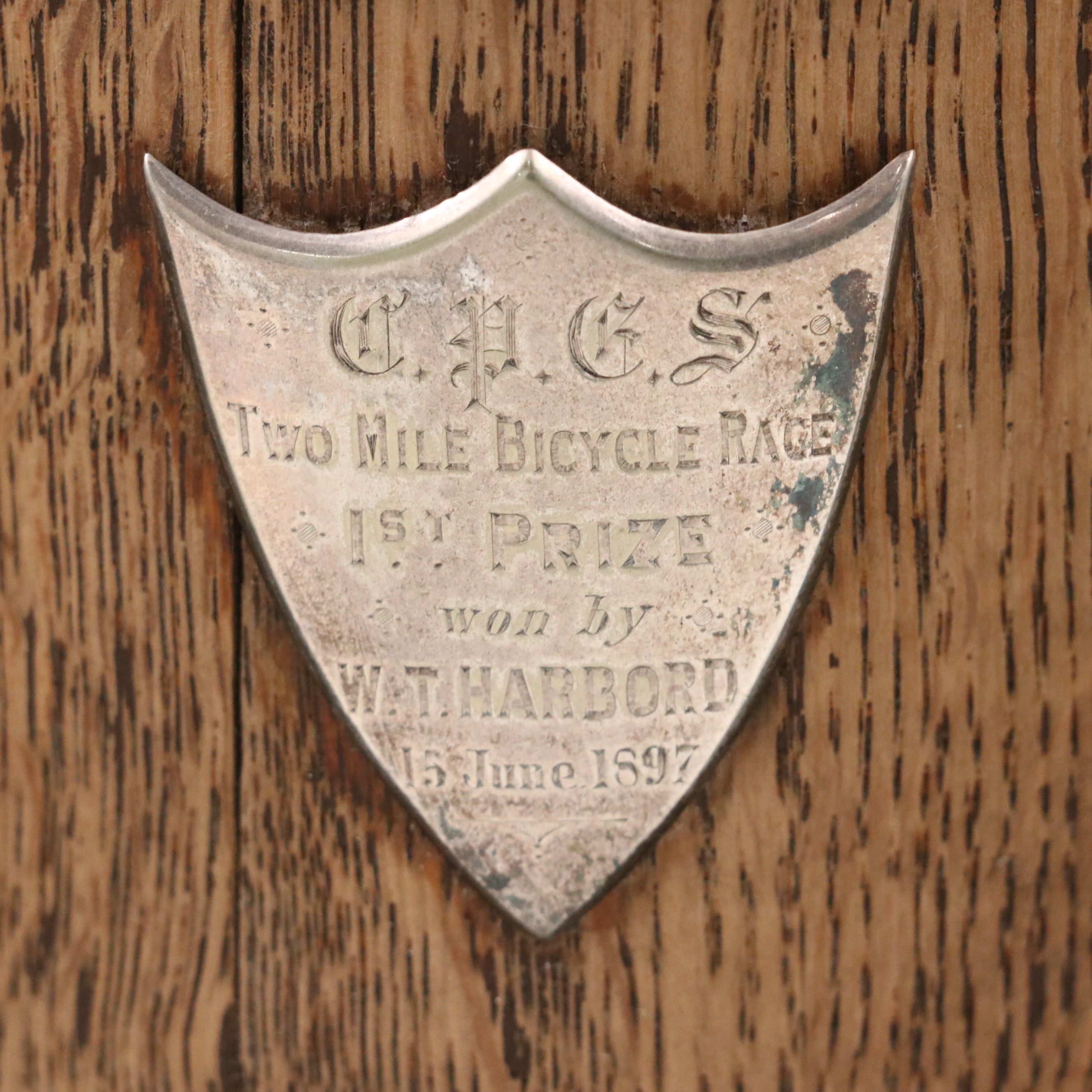 Oak and Silver Plate Mug Two Mile Bicycle Race Trophy with Engraved Plaque, 1897