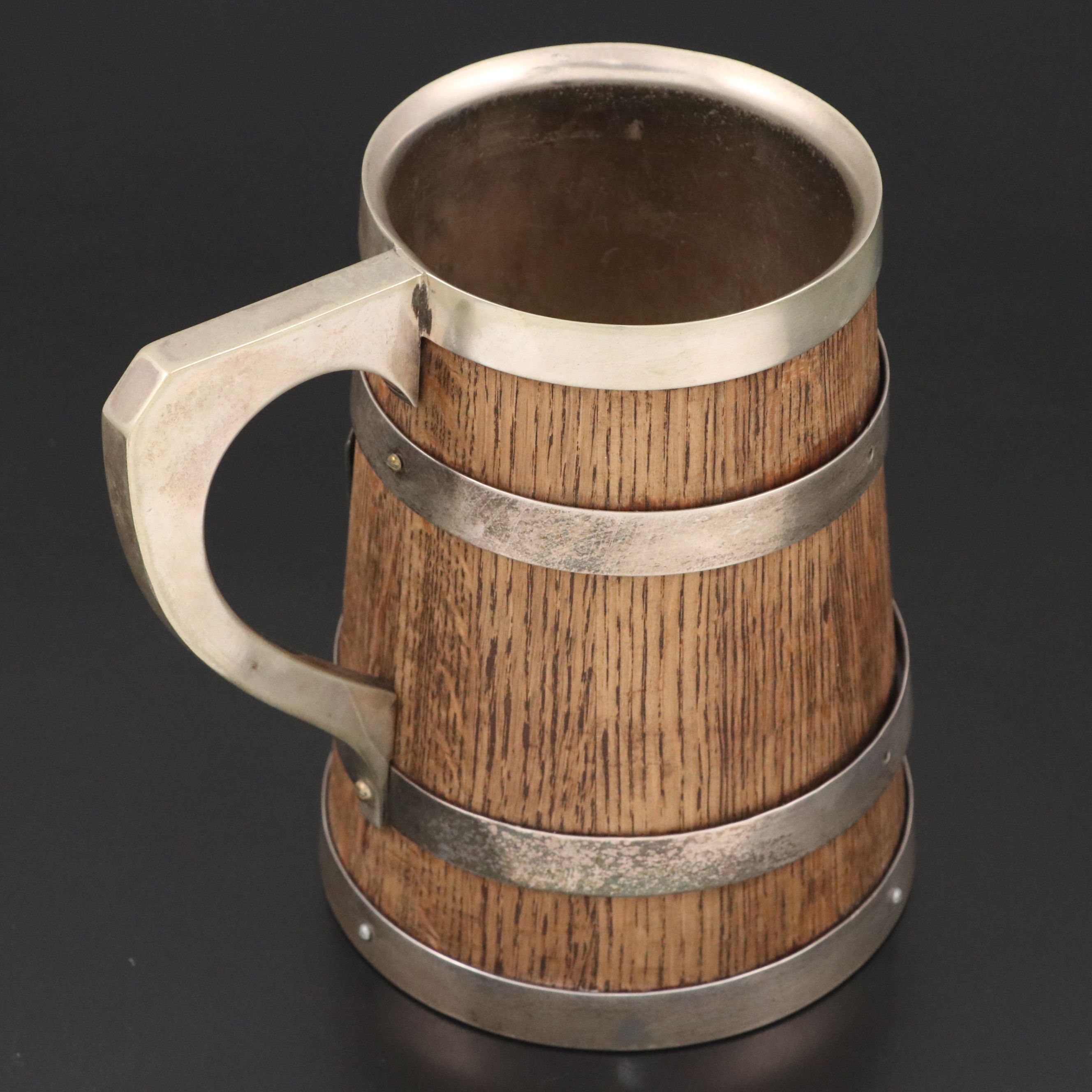 Oak and Silver Plate Mug Two Mile Bicycle Race Trophy with Engraved Plaque, 1897