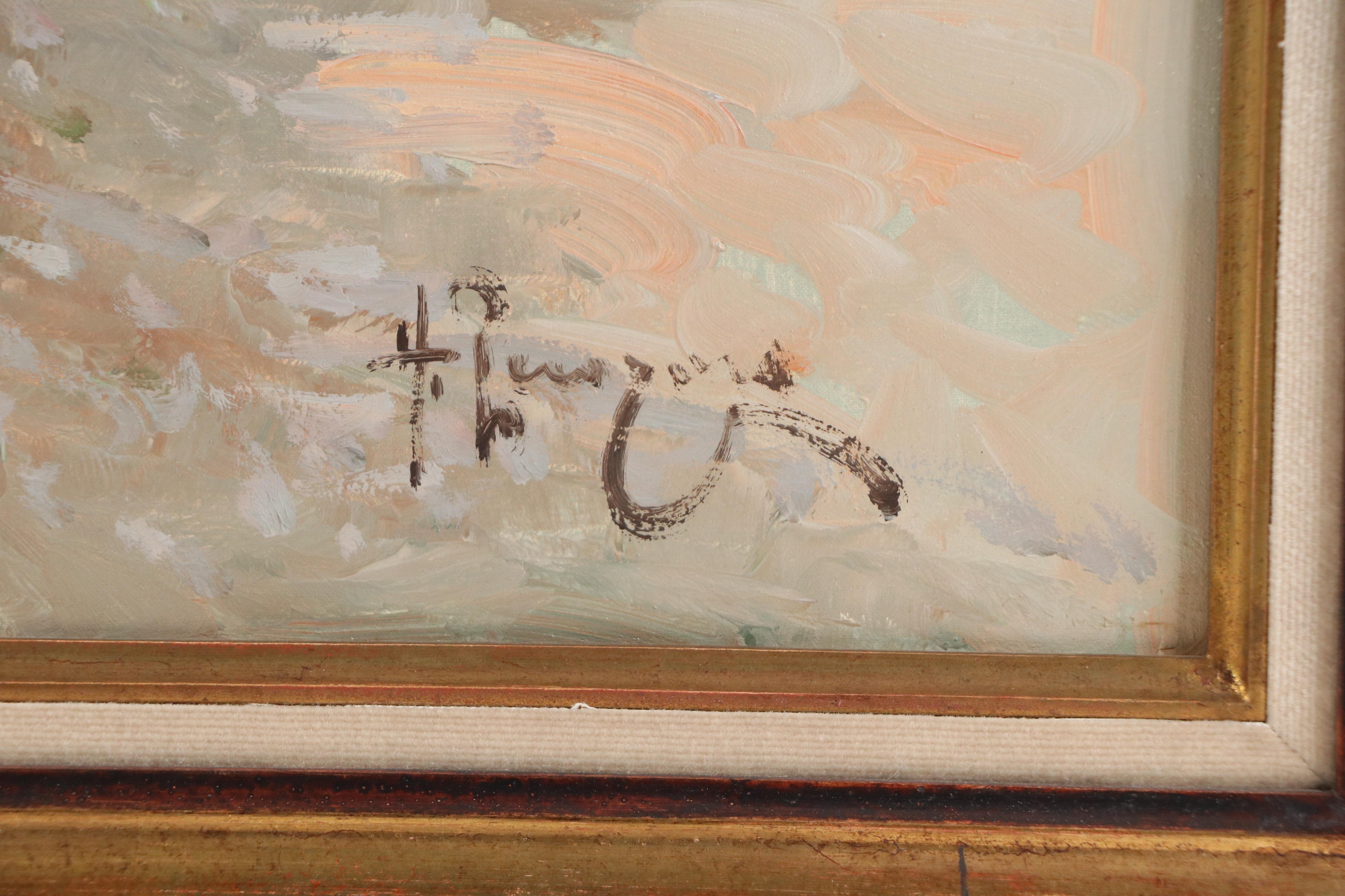 Impressionist-Inspired Oil Painting of Park Scene With Figures, Mid-20th Century