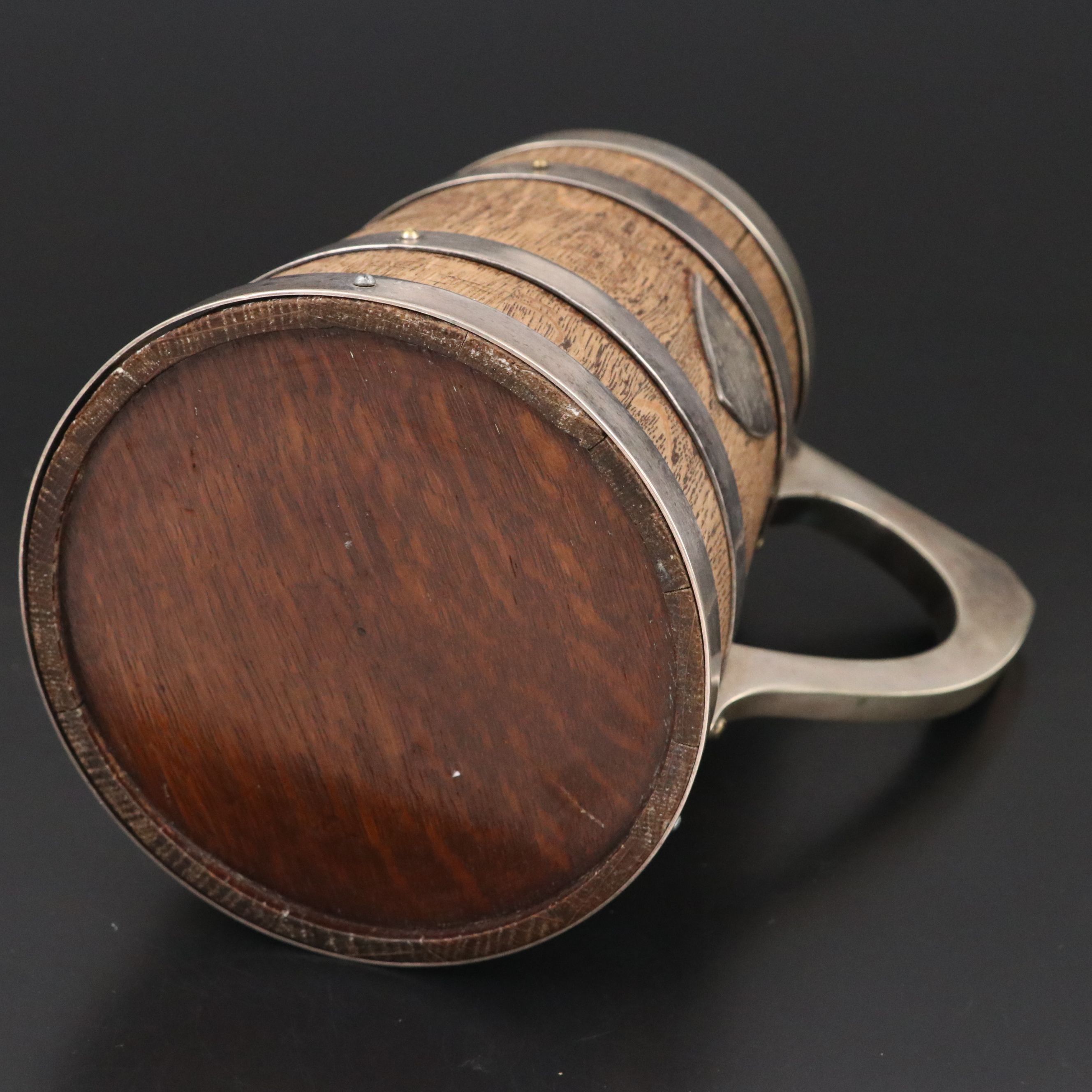 Oak and Silver Plate Mug Two Mile Bicycle Race Trophy with Engraved Plaque, 1897