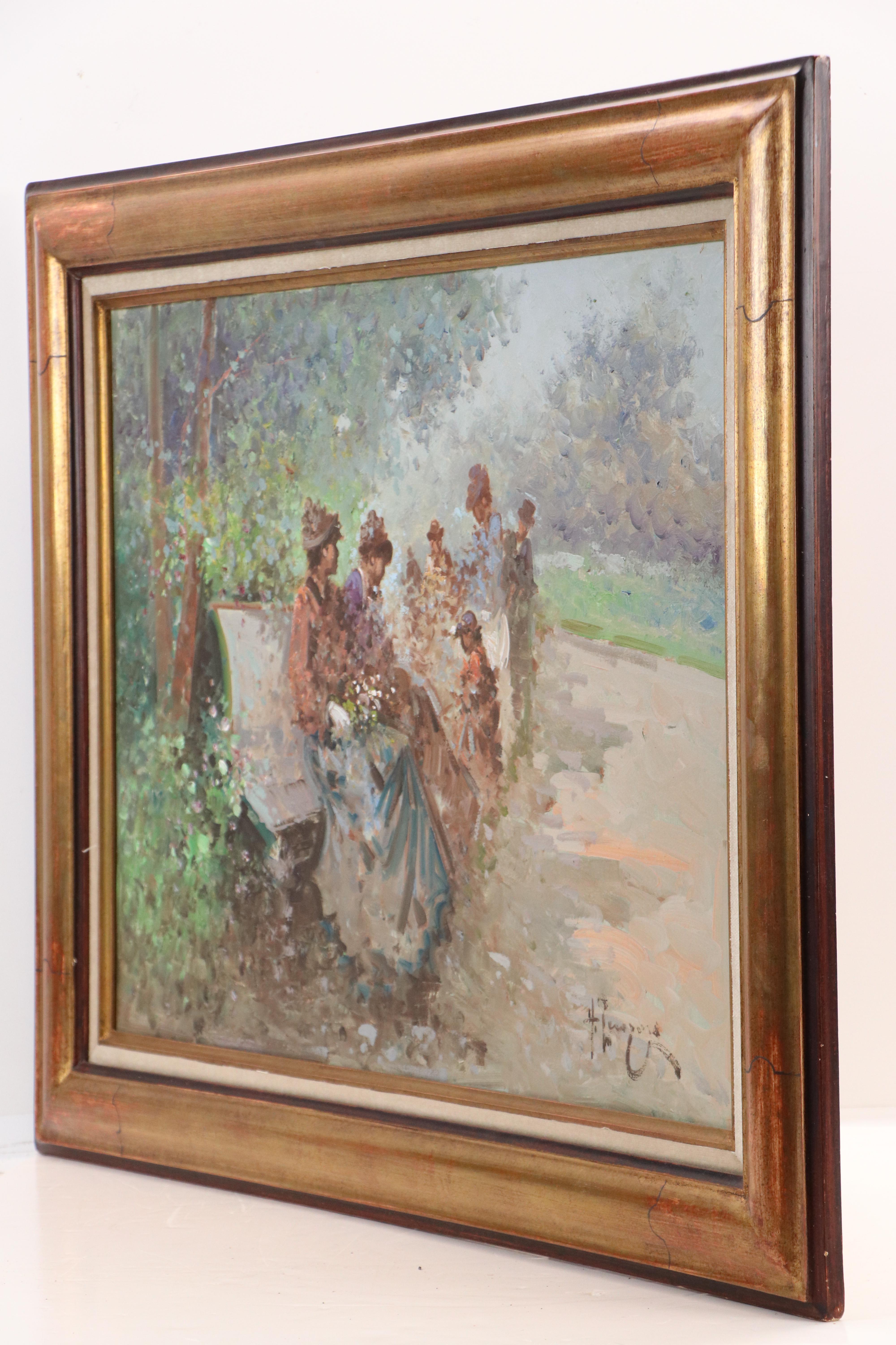 Impressionist-Inspired Oil Painting of Park Scene With Figures, Mid-20th Century