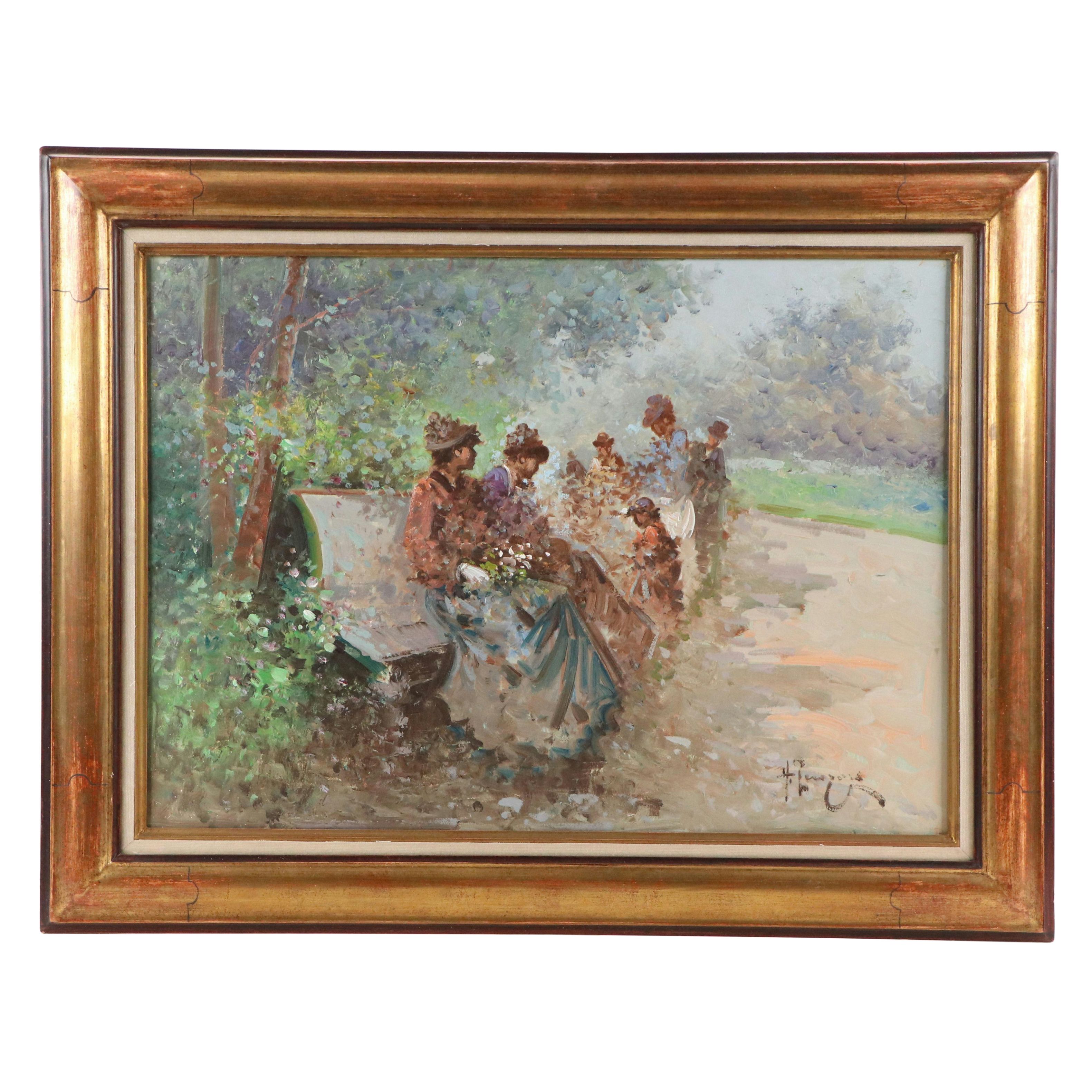 Impressionist-Inspired Oil Painting of Park Scene With Figures, Mid-20th Century