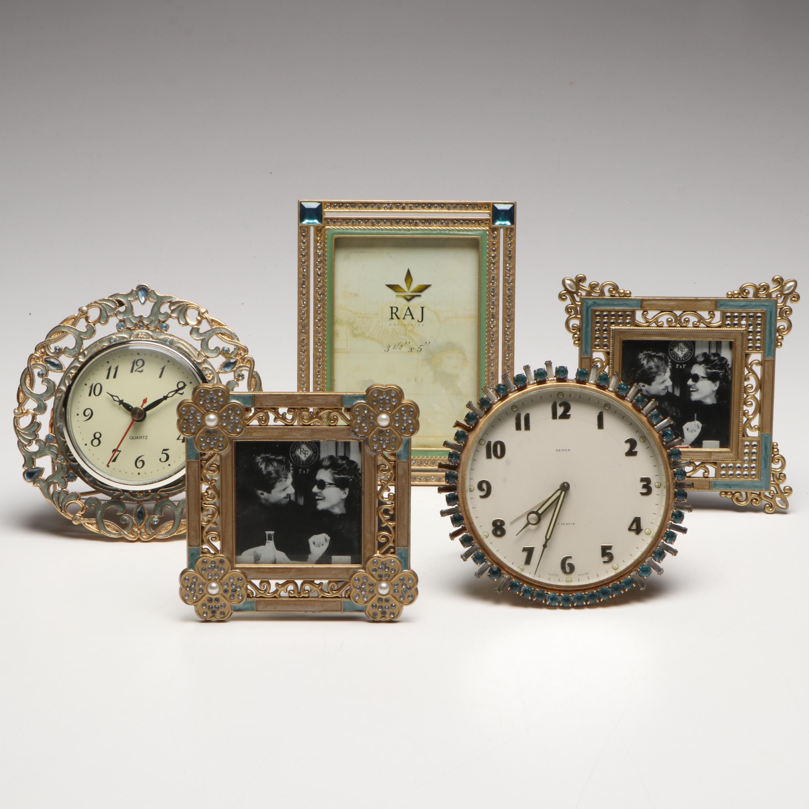 Semca Swiss Jeweled Shelf Clock with Embellished Metal Frames and Other Clock