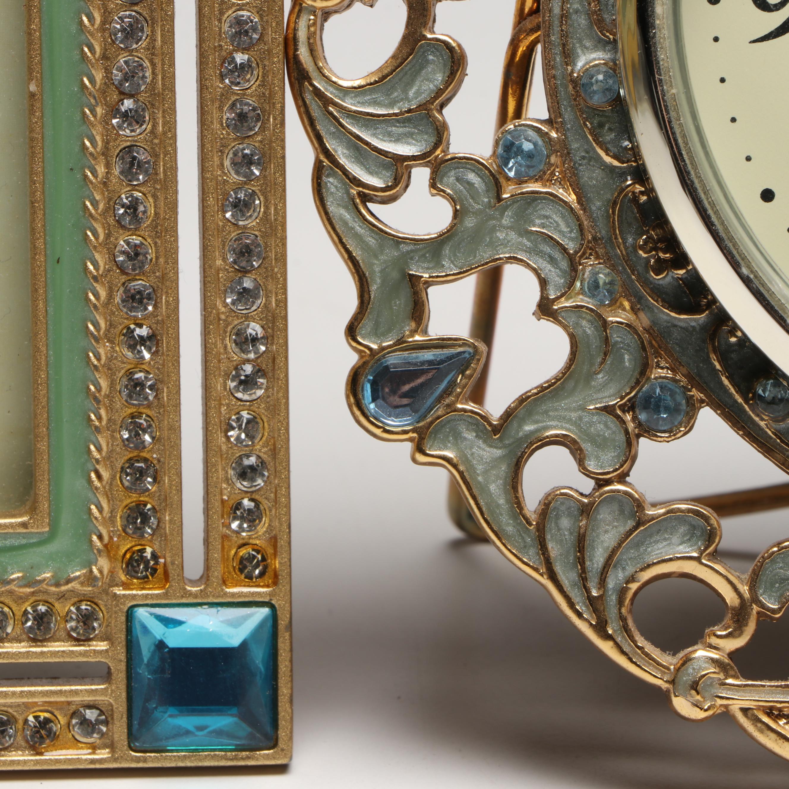 Semca Swiss Jeweled Shelf Clock with Embellished Metal Frames and Other Clock