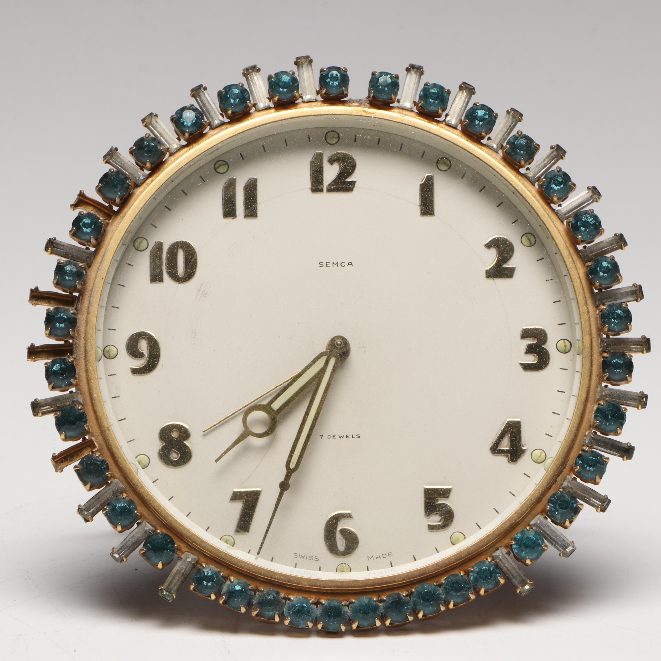 Semca Swiss Jeweled Shelf Clock with Embellished Metal Frames and Other Clock