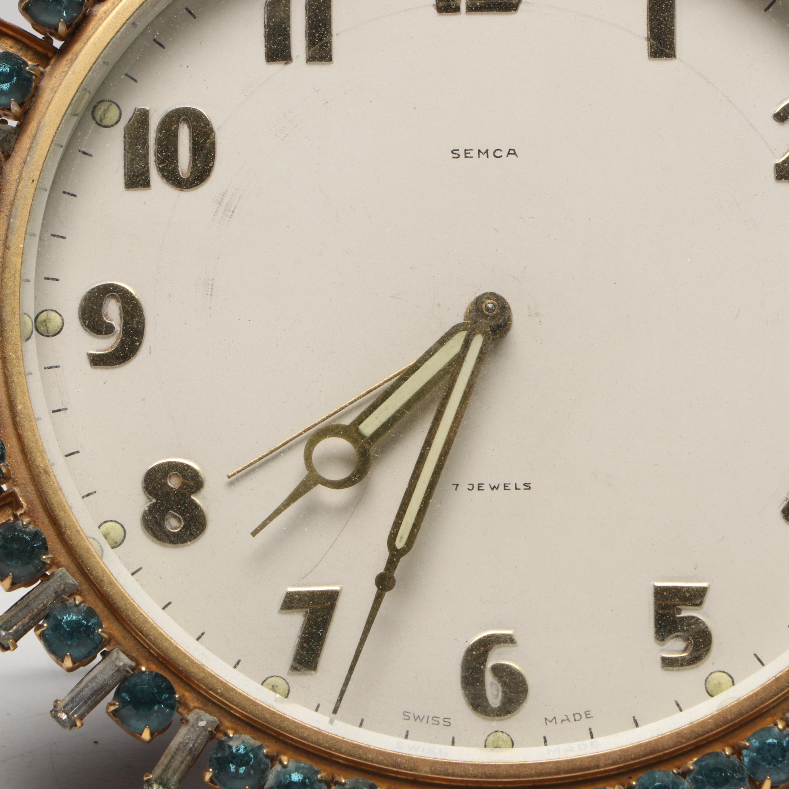 Semca Swiss Jeweled Shelf Clock with Embellished Metal Frames and Other Clock