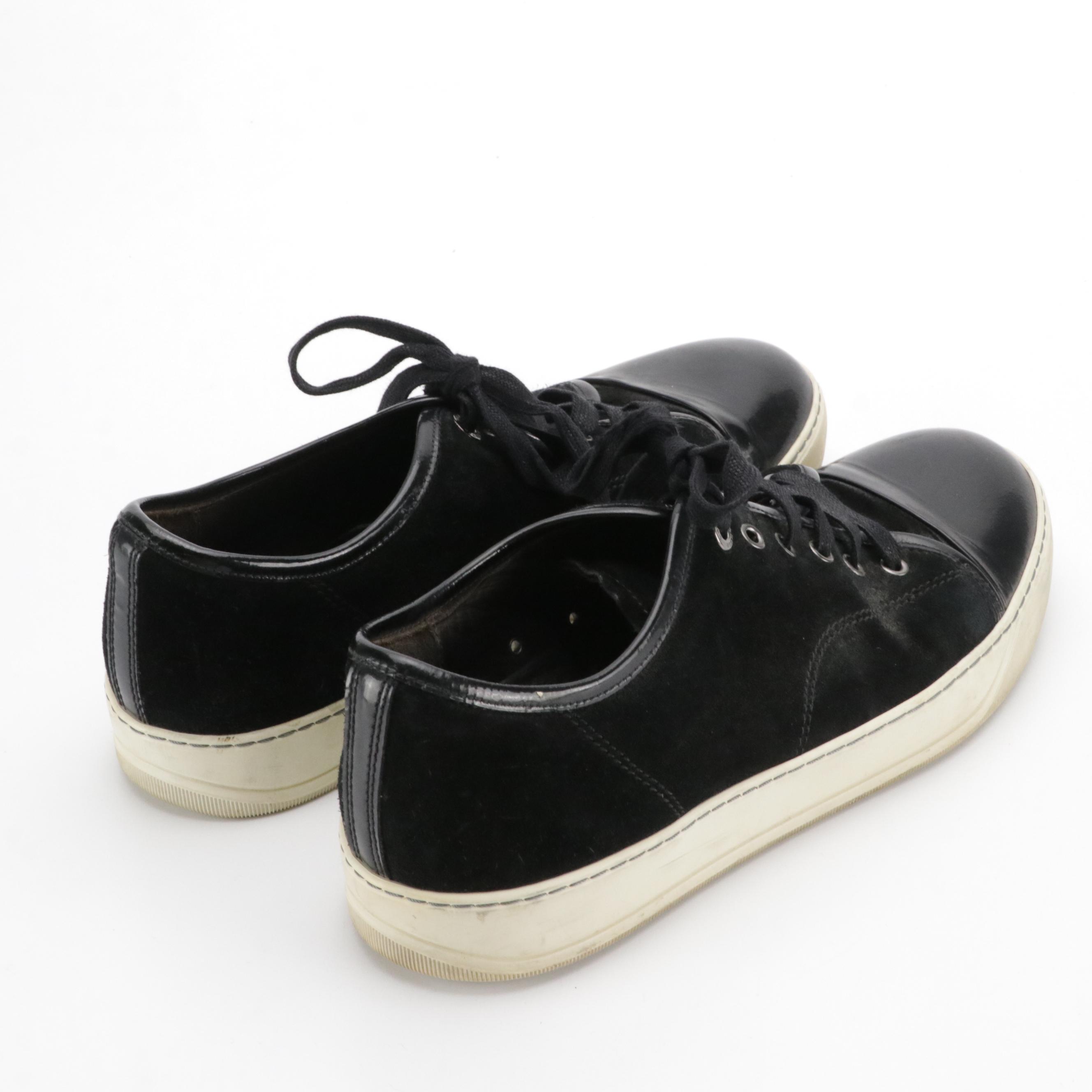 Men's Lanvin Black Suede and Patent Leather Cap-Toe Sneakers