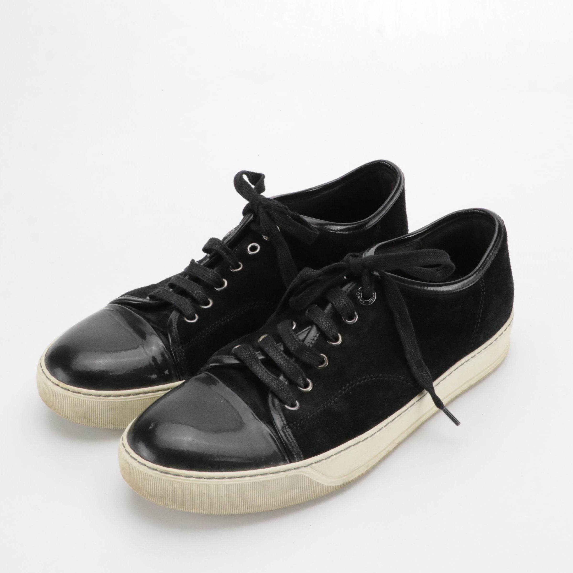 Men's Lanvin Black Suede and Patent Leather Cap-Toe Sneakers