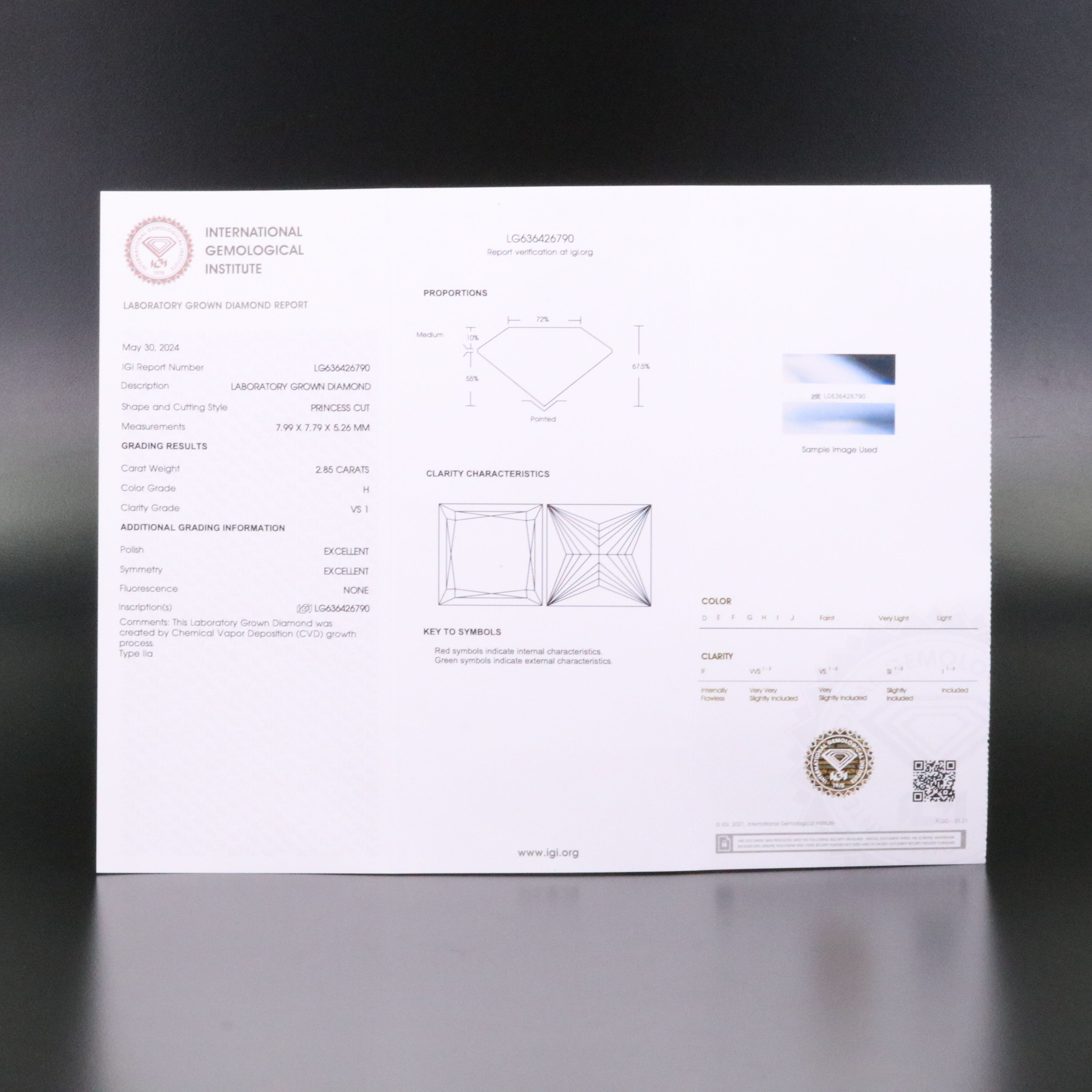 Loose 2.85 CT Lab Grown Diamond with IGI Report