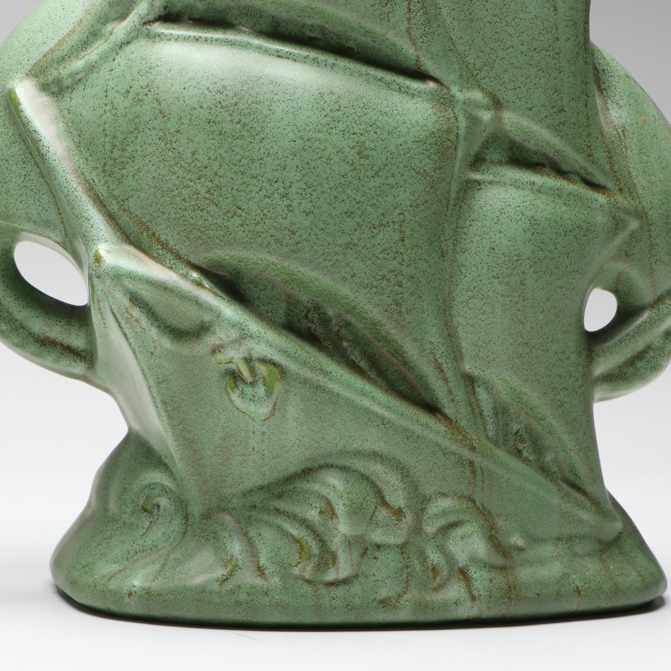 Gonder Pottery Mfg. Green Glazed Clipper Ship Ceramic Table Lamps