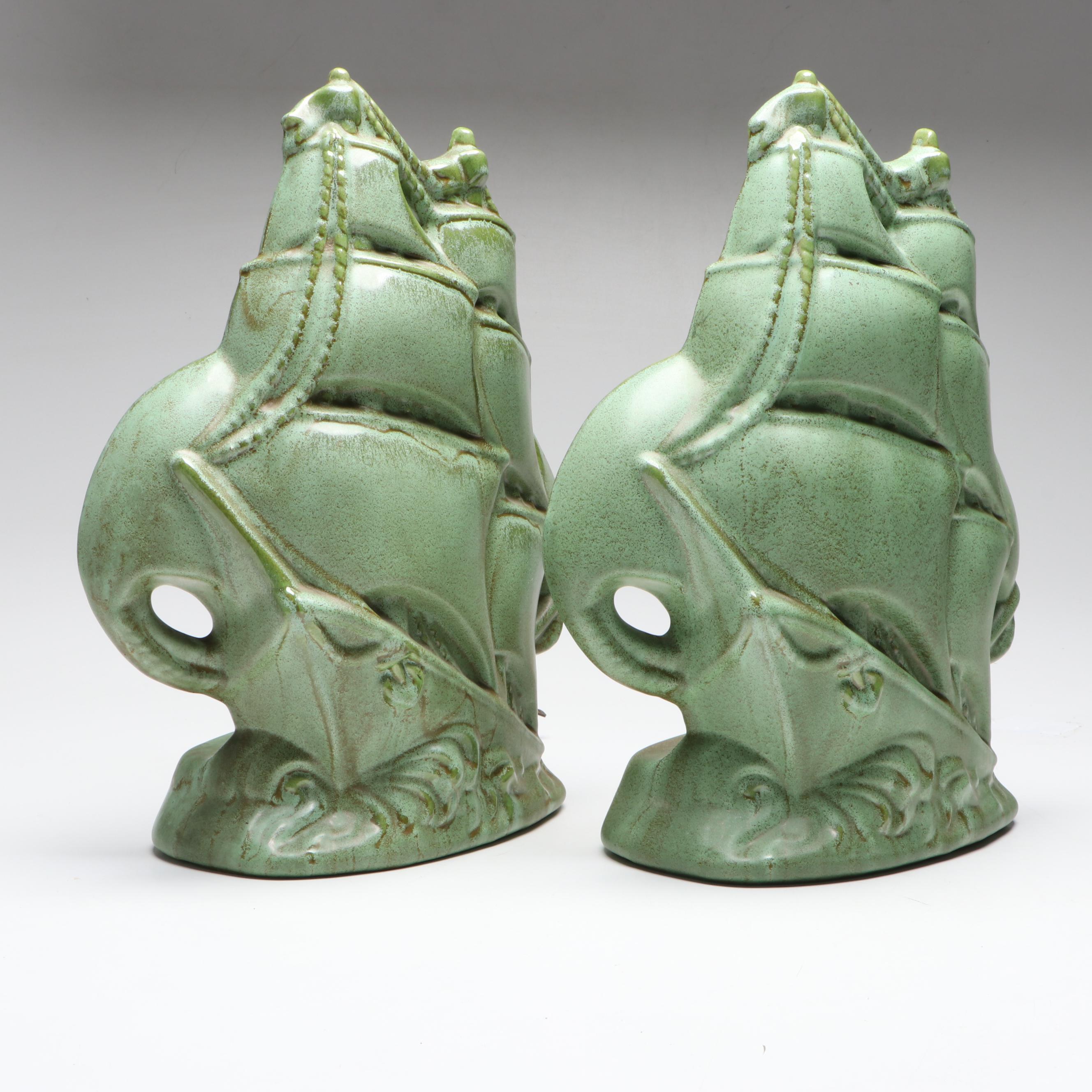 Gonder Pottery Mfg. Green Glazed Clipper Ship Ceramic Table Lamps
