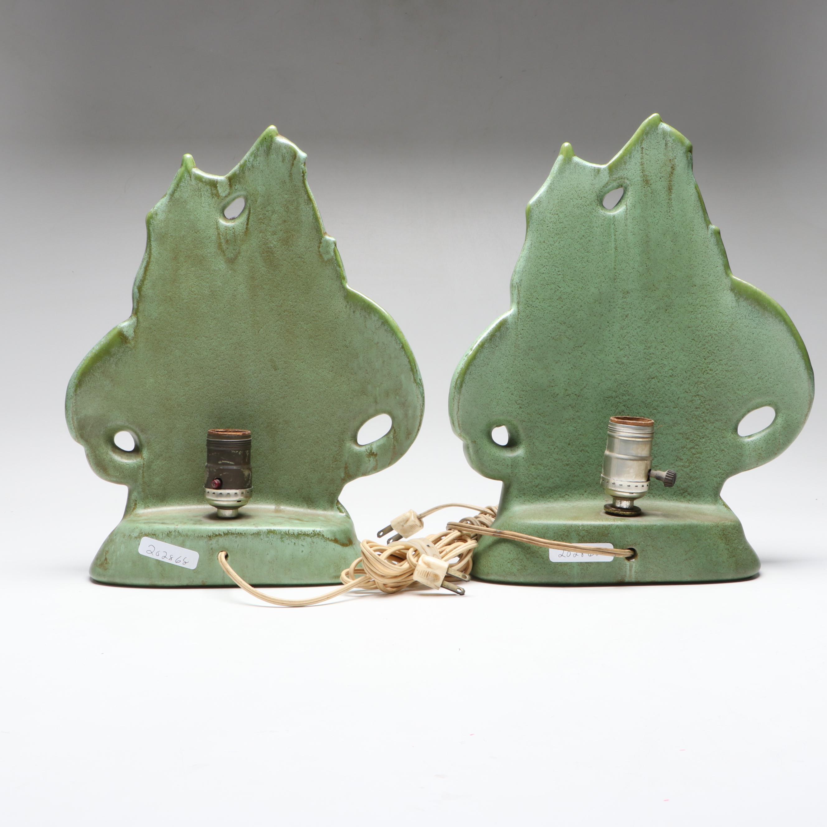 Gonder Pottery Mfg. Green Glazed Clipper Ship Ceramic Table Lamps