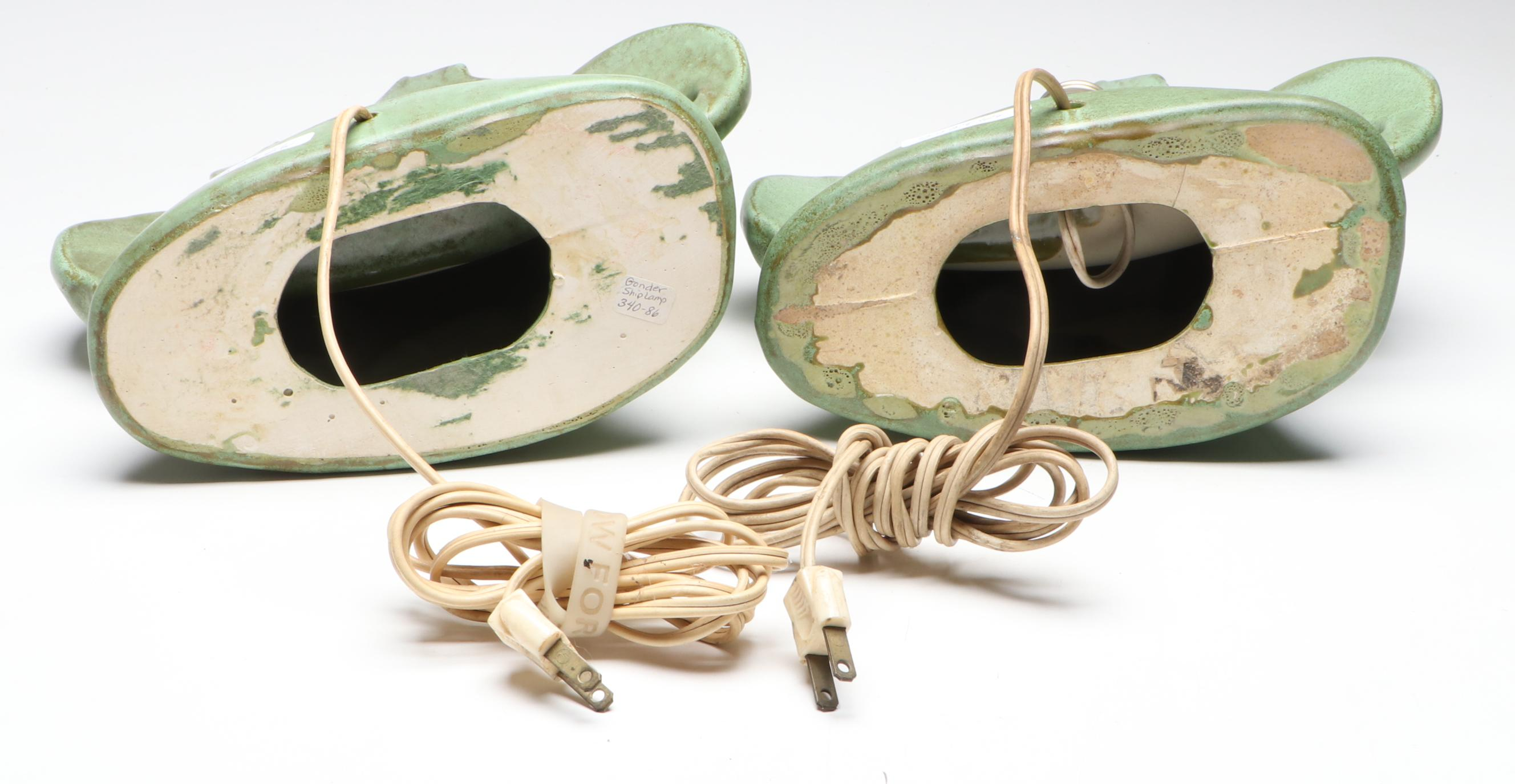 Gonder Pottery Mfg. Green Glazed Clipper Ship Ceramic Table Lamps