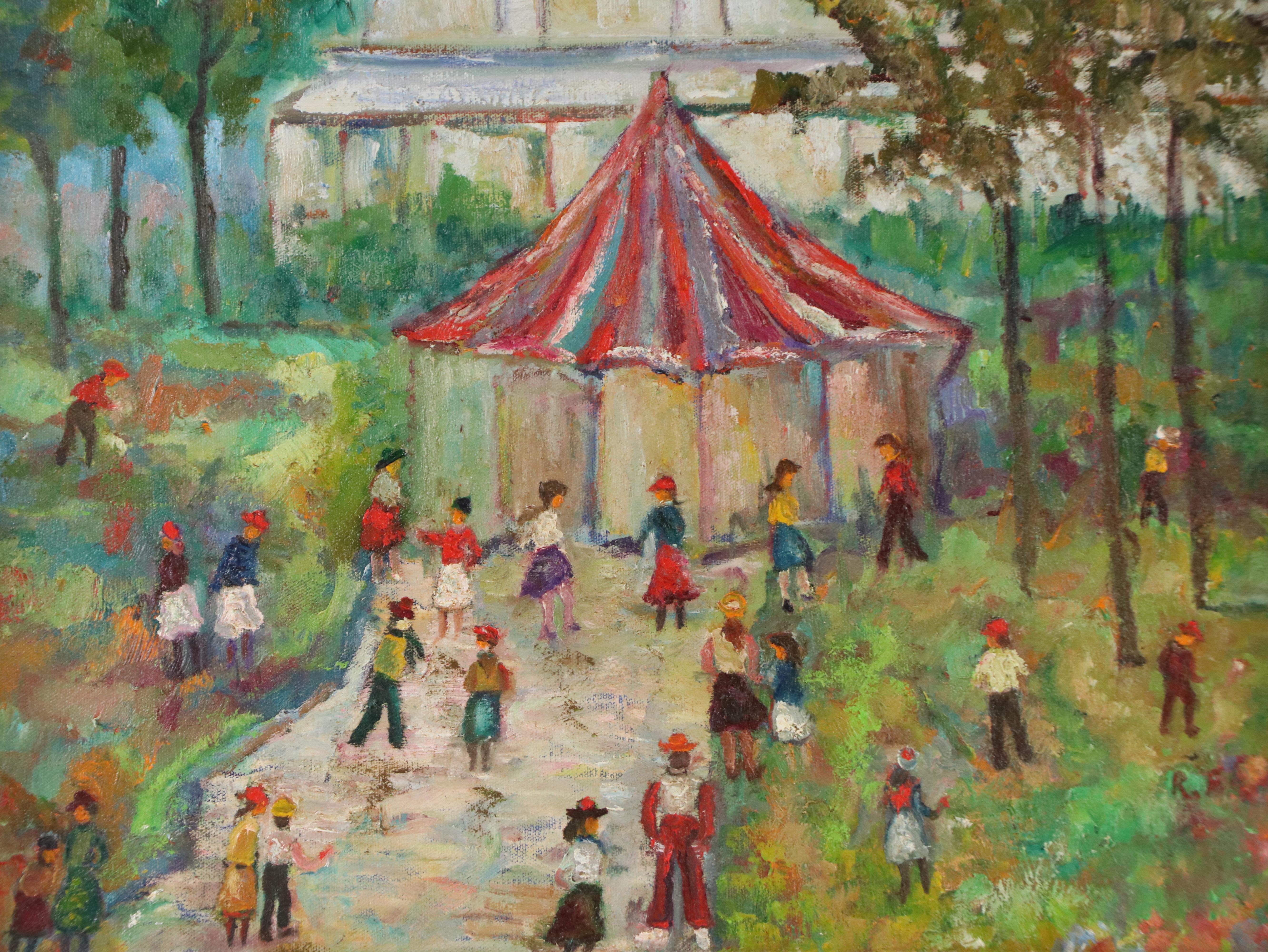 Self-Taught Artist Oil Painting of Circus Scene, 20th Century