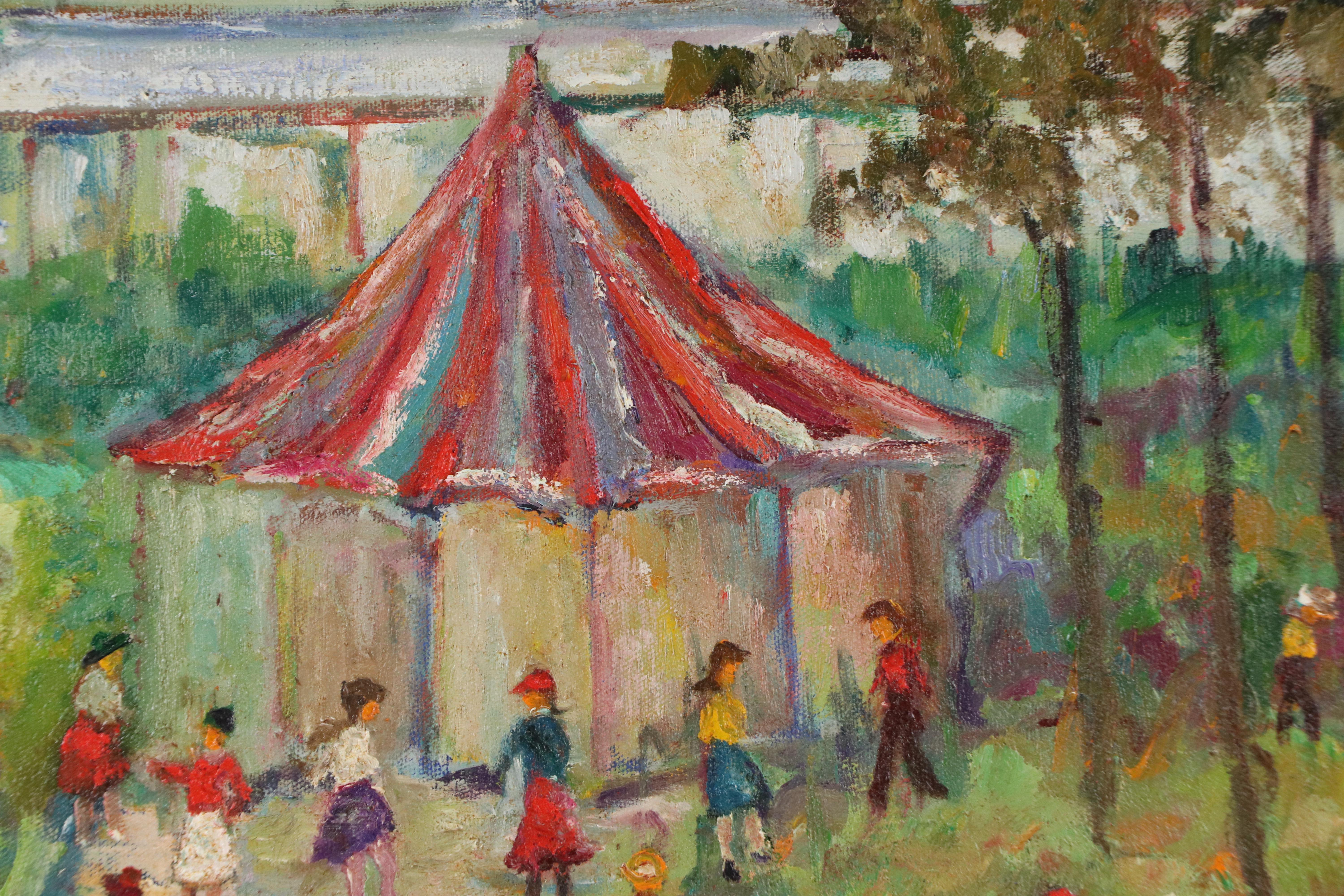 Self-Taught Artist Oil Painting of Circus Scene, 20th Century