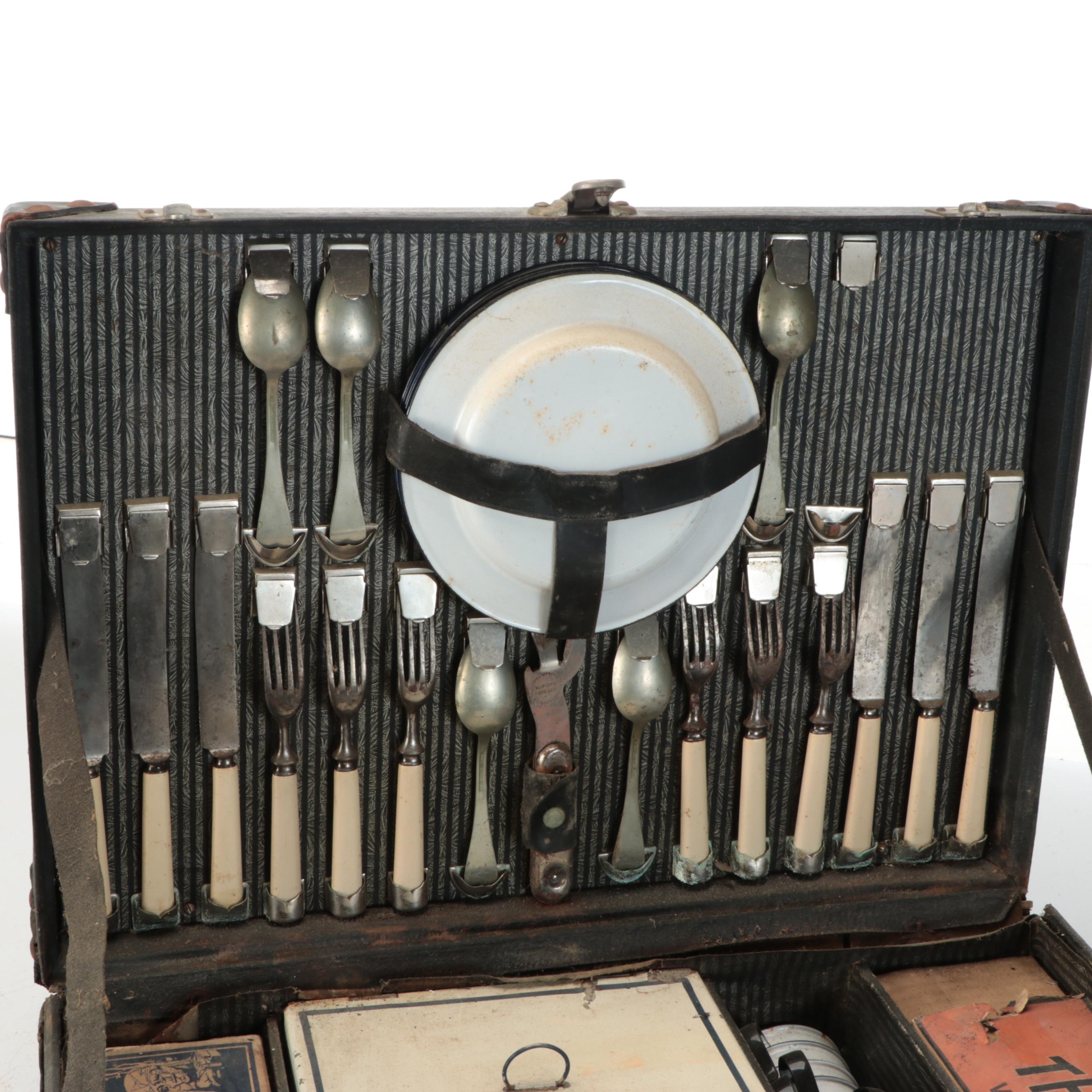 Automobile Picnic Case with Celluloid Handled Flatware, Mid-20th Century