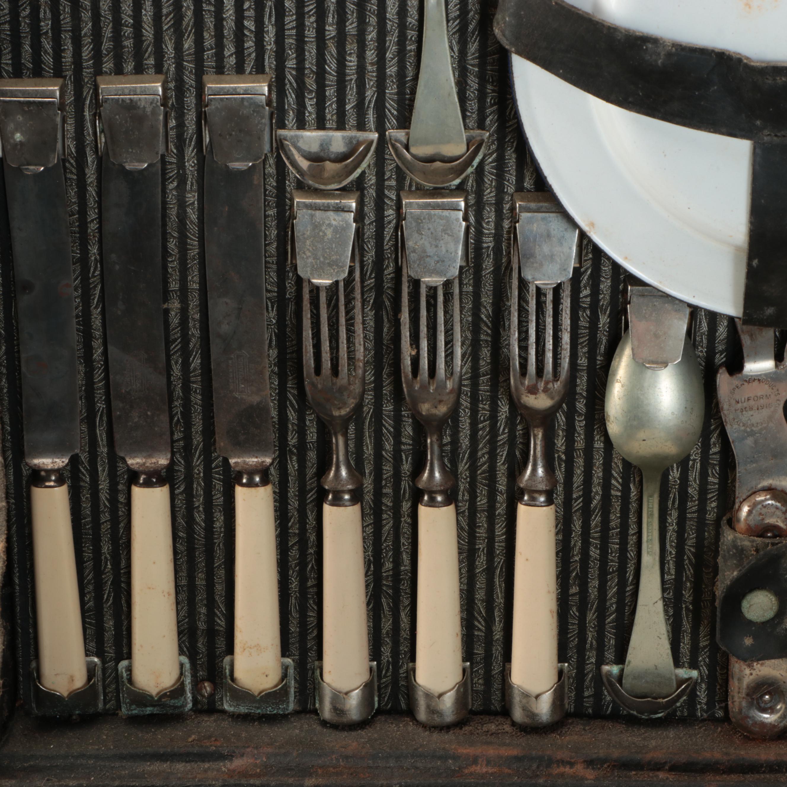 Automobile Picnic Case with Celluloid Handled Flatware, Mid-20th Century