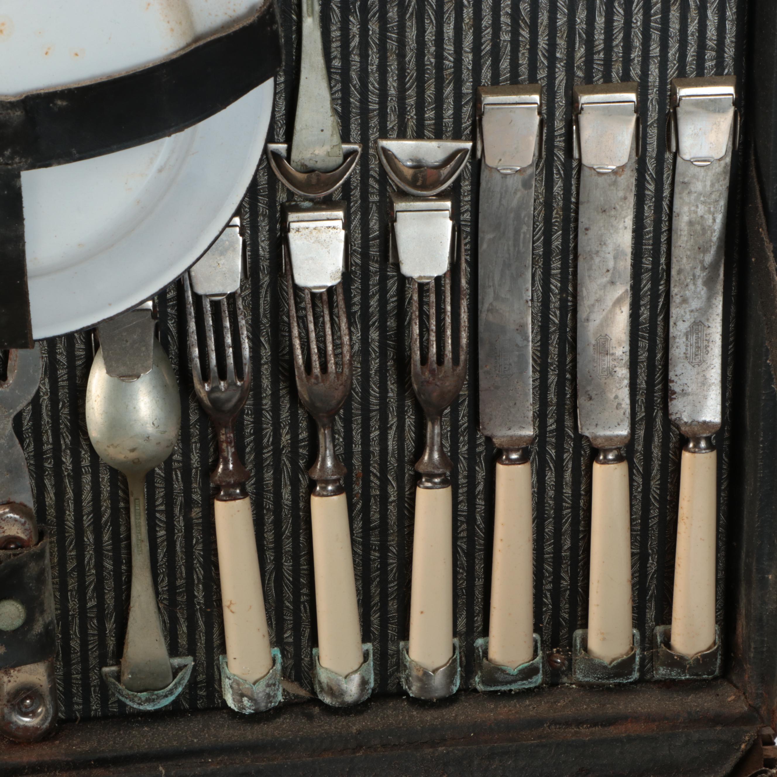 Automobile Picnic Case with Celluloid Handled Flatware, Mid-20th Century