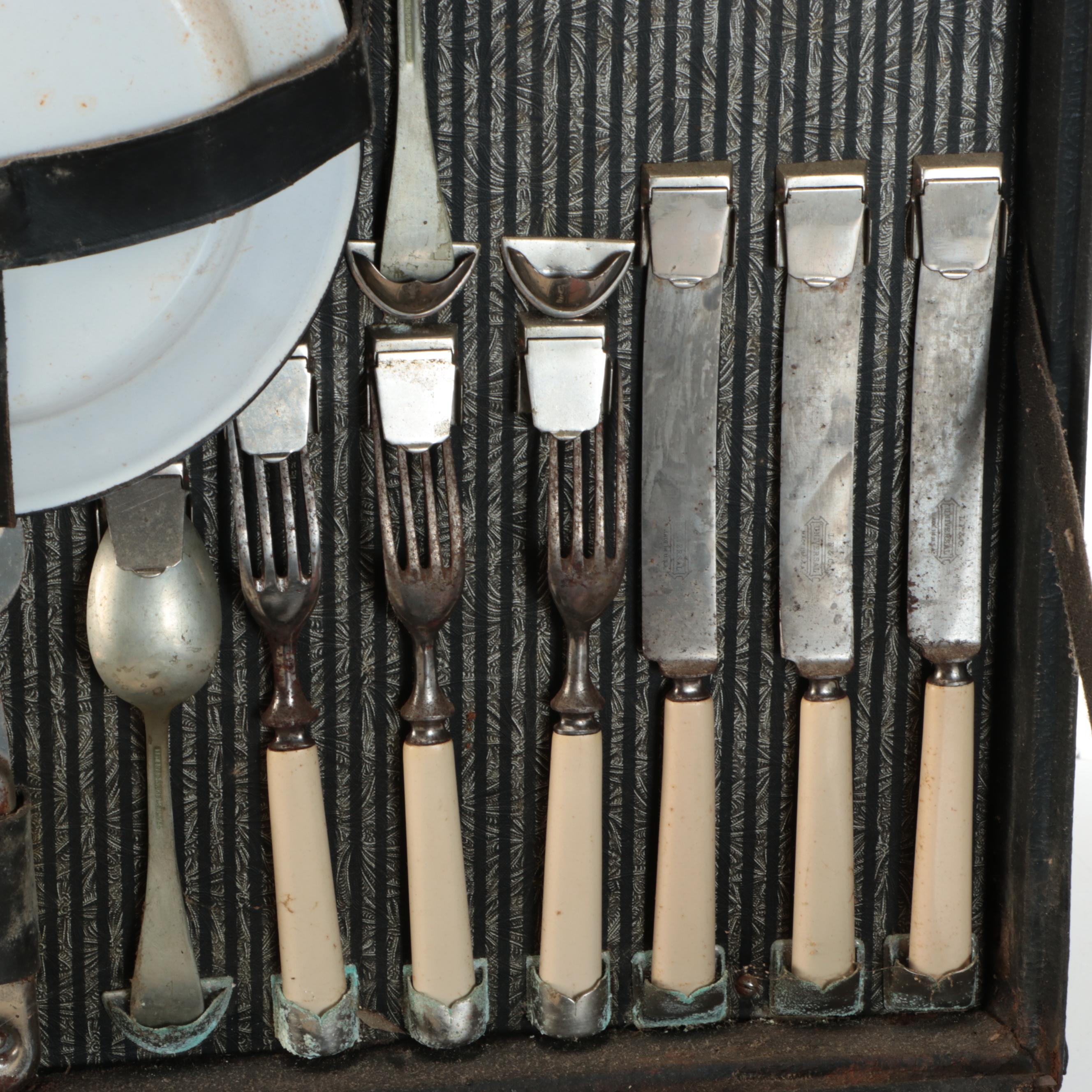 Automobile Picnic Case with Celluloid Handled Flatware, Mid-20th Century