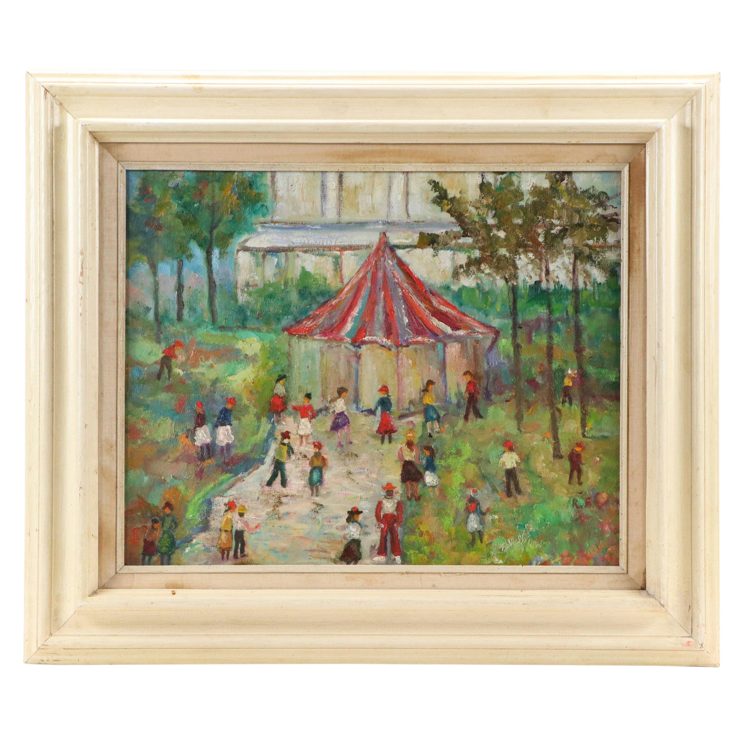 Self-Taught Artist Oil Painting of Circus Scene, 20th Century