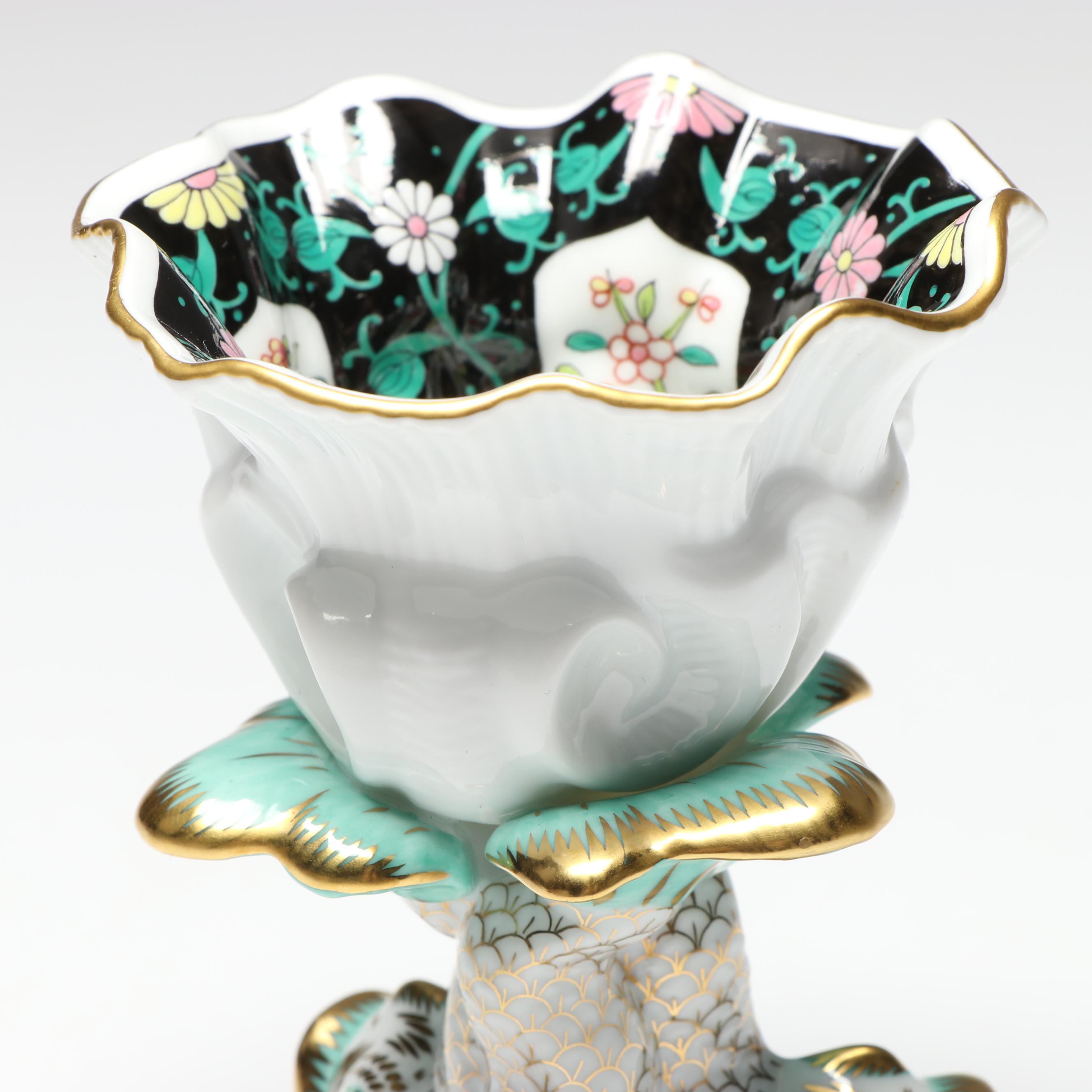 Herend "Black Dynasty" Dolphin and Shell Porcelain Goblet, 1994