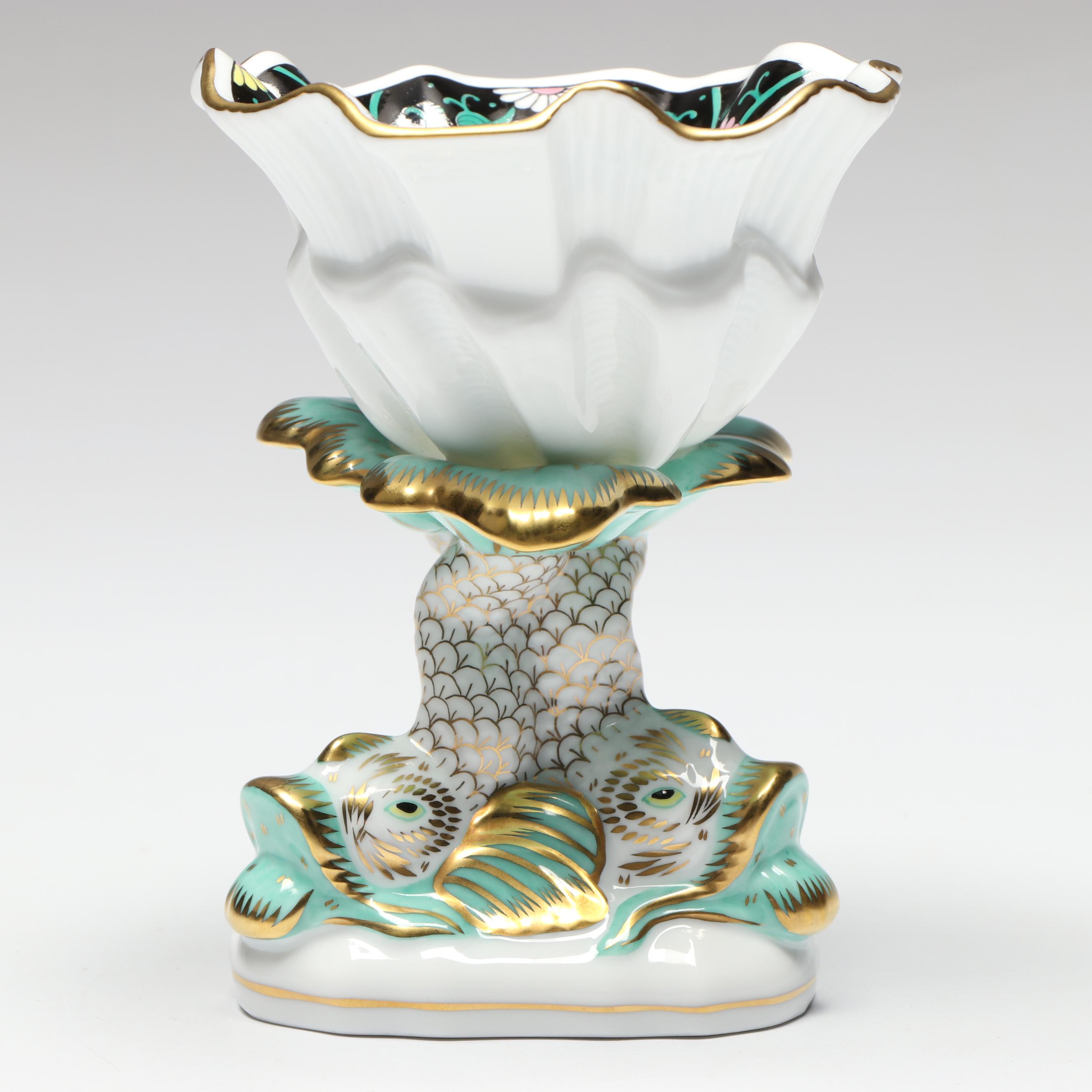 Herend "Black Dynasty" Dolphin and Shell Porcelain Goblet, 1994