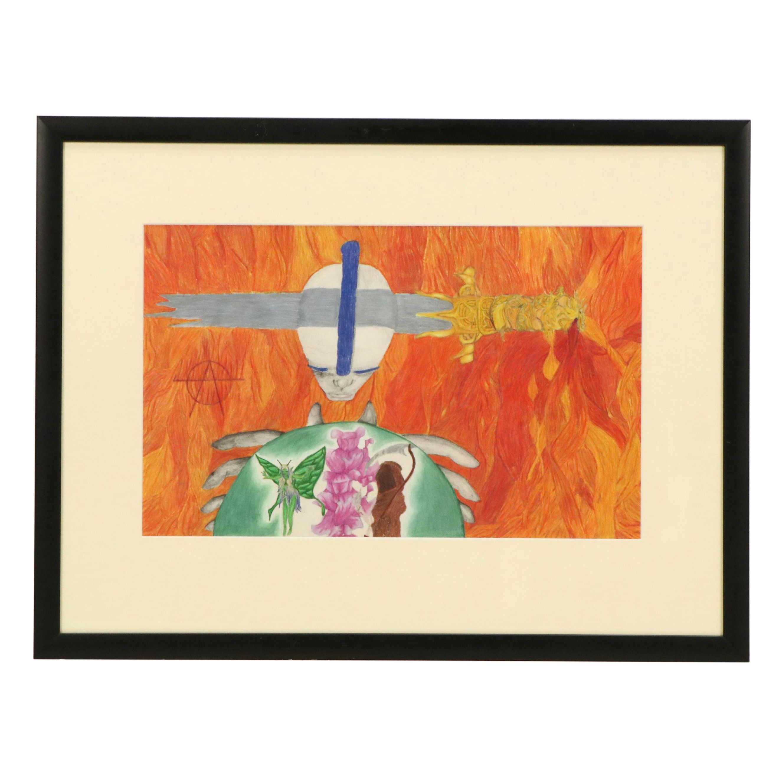 Fantasy Genre Colored Pencil Drawing with Knife and Deities, 21st Century