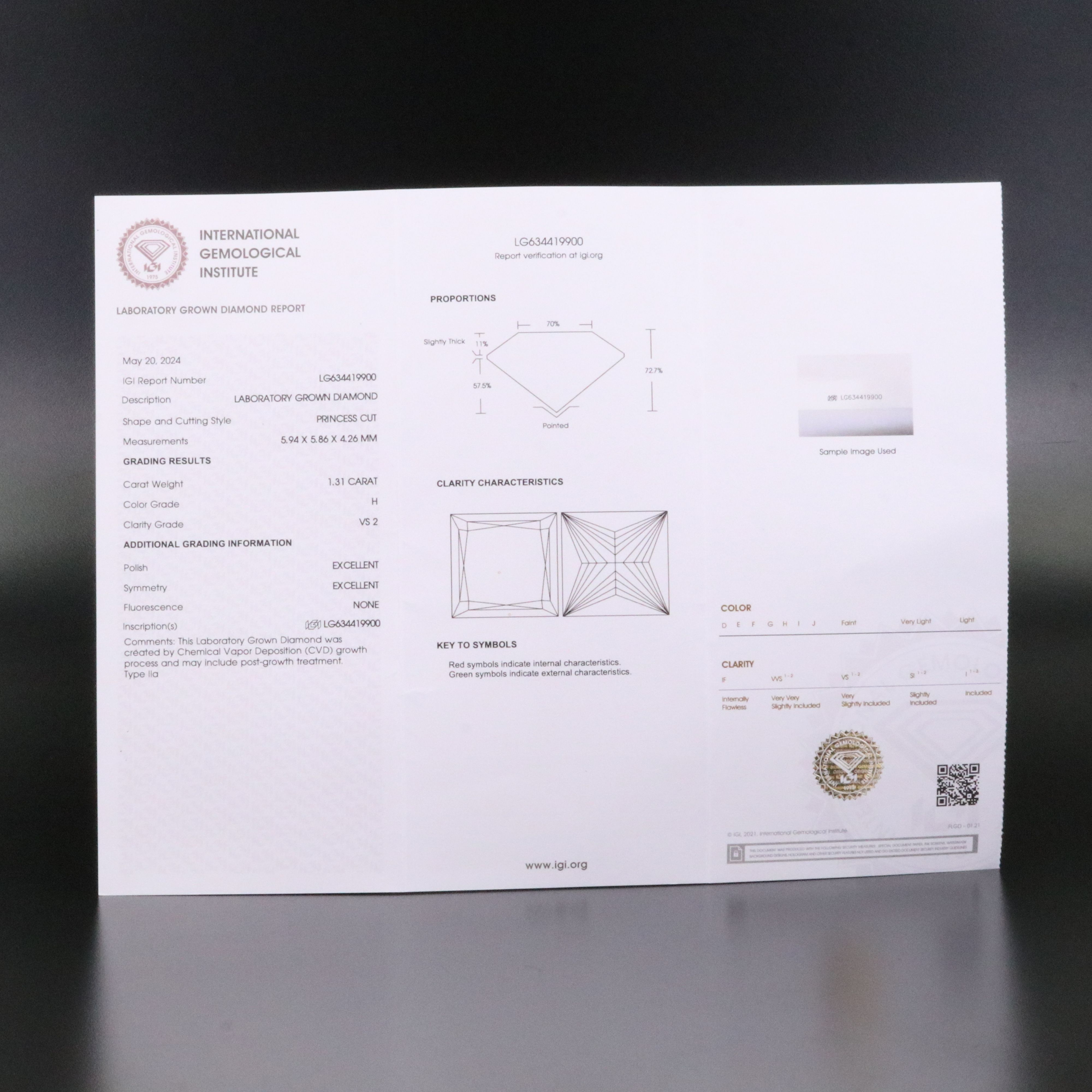 Loose 1.31 CT Lab Grown Diamond with IGI Report