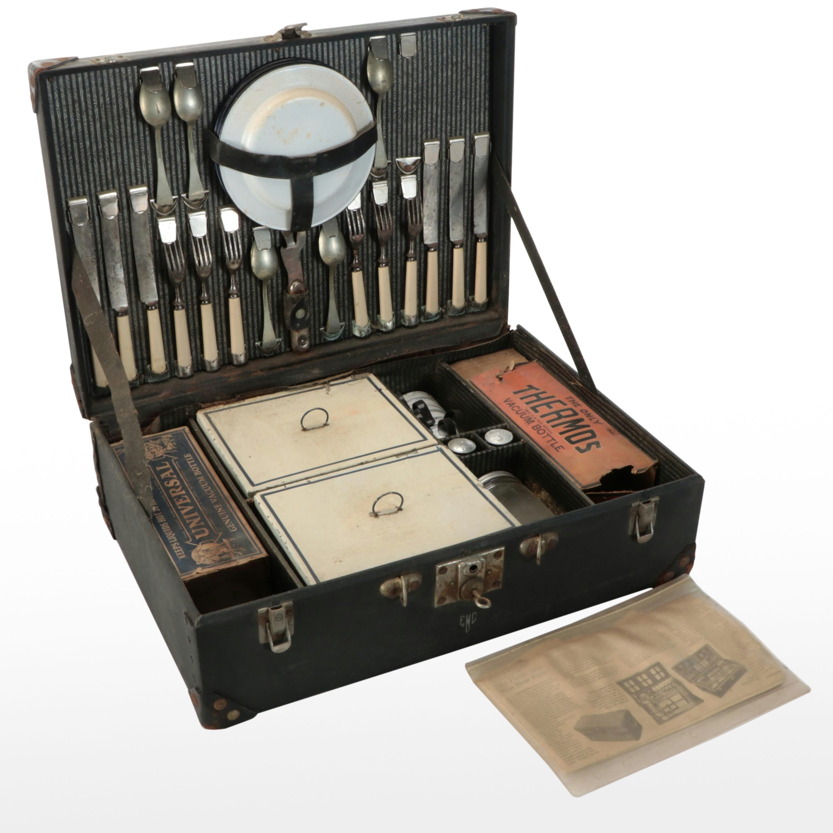 Automobile Picnic Case with Celluloid Handled Flatware, Mid-20th Century