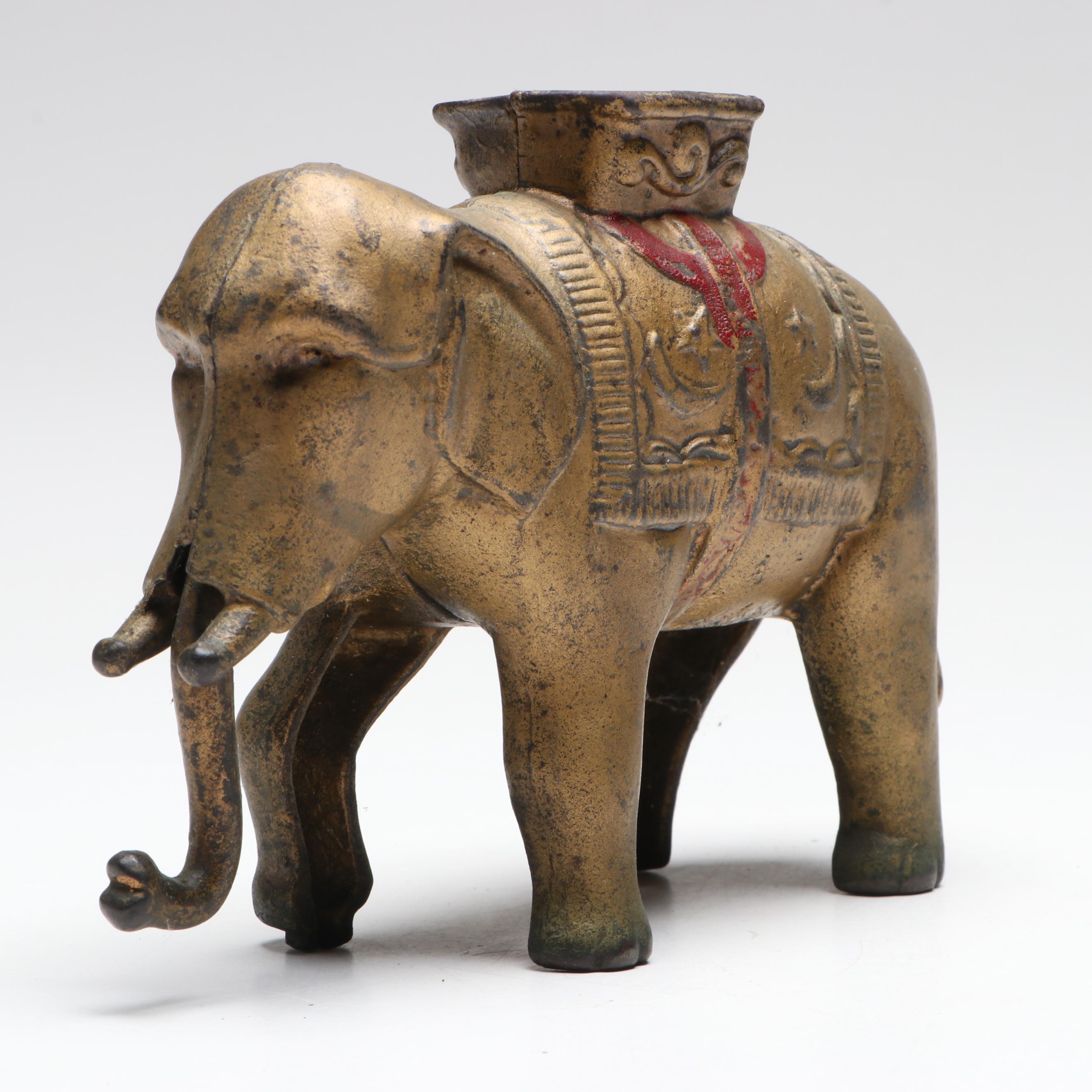 Cast Iron Gold Finish Elephant Coin Bank with Semi-Mechanical Trunk