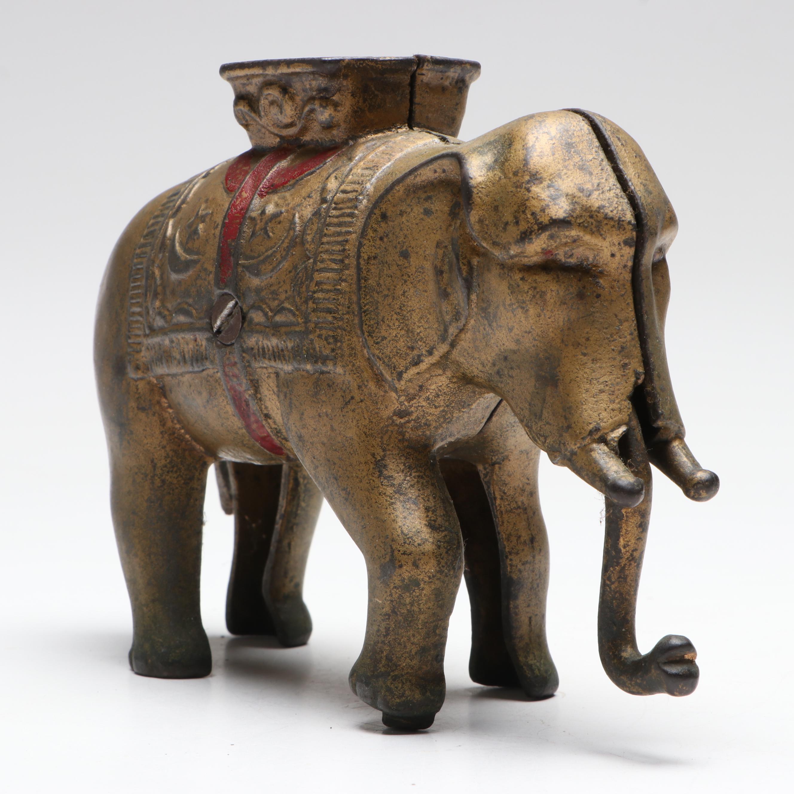Cast Iron Gold Finish Elephant Coin Bank with Semi-Mechanical Trunk