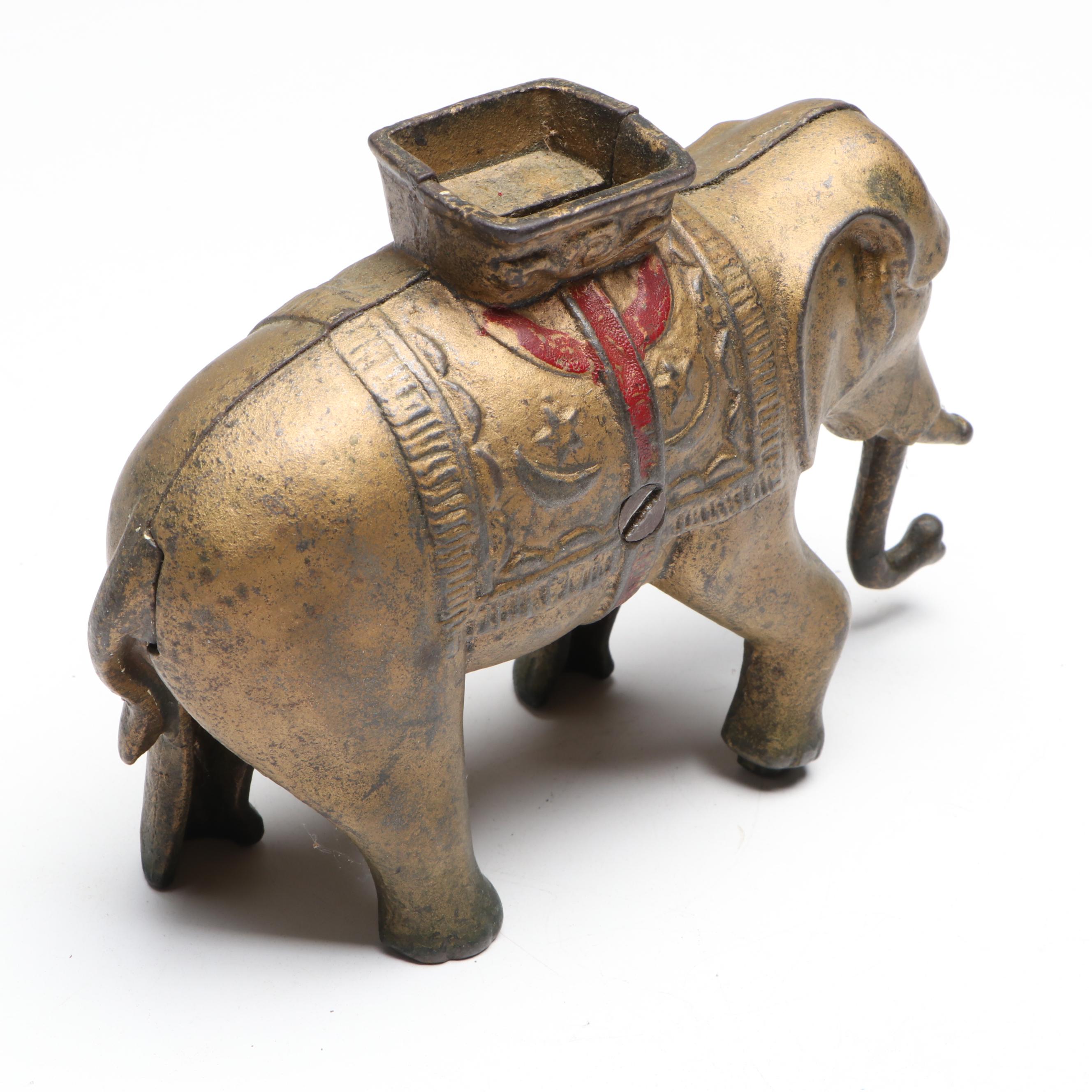 Cast Iron Gold Finish Elephant Coin Bank with Semi-Mechanical Trunk