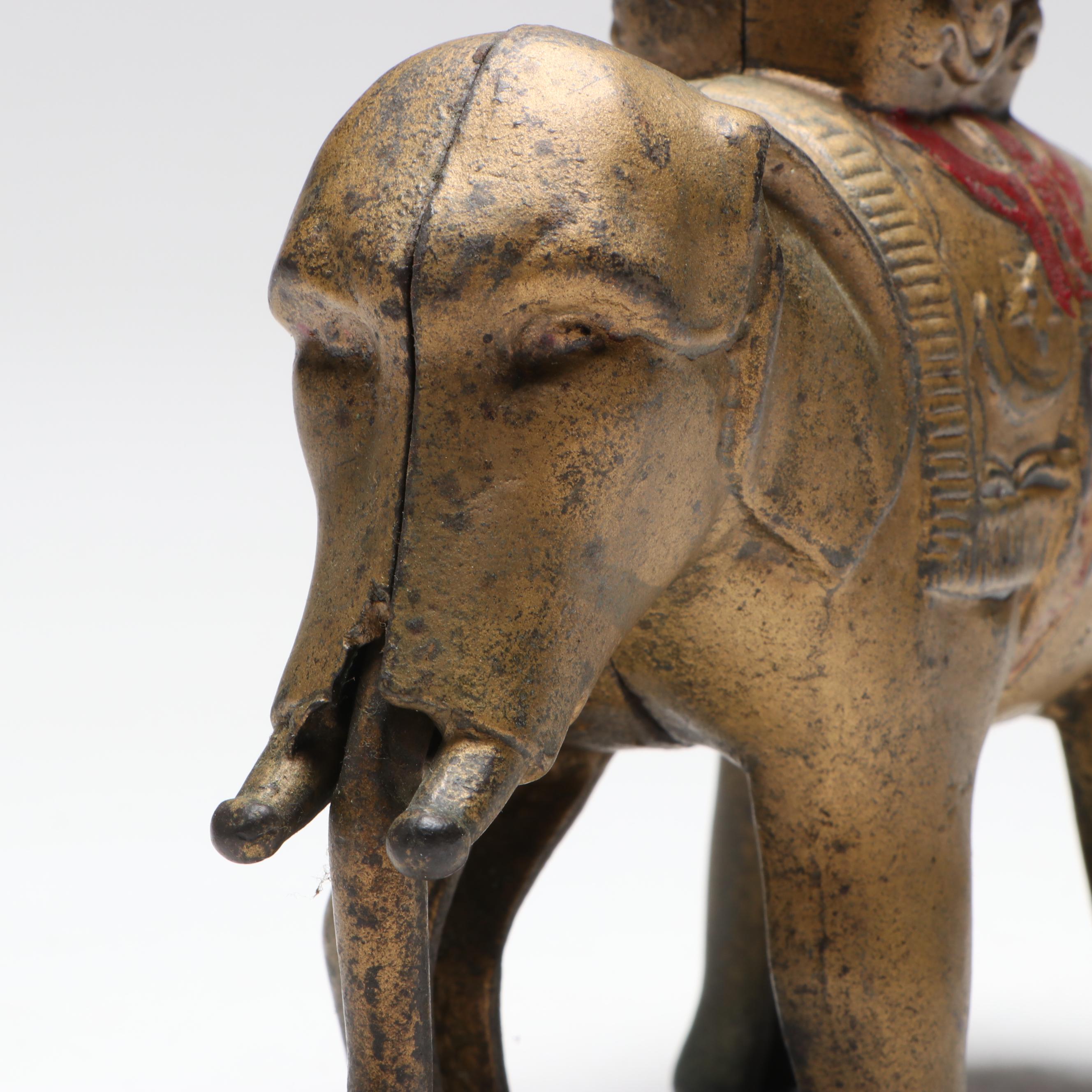 Cast Iron Gold Finish Elephant Coin Bank with Semi-Mechanical Trunk